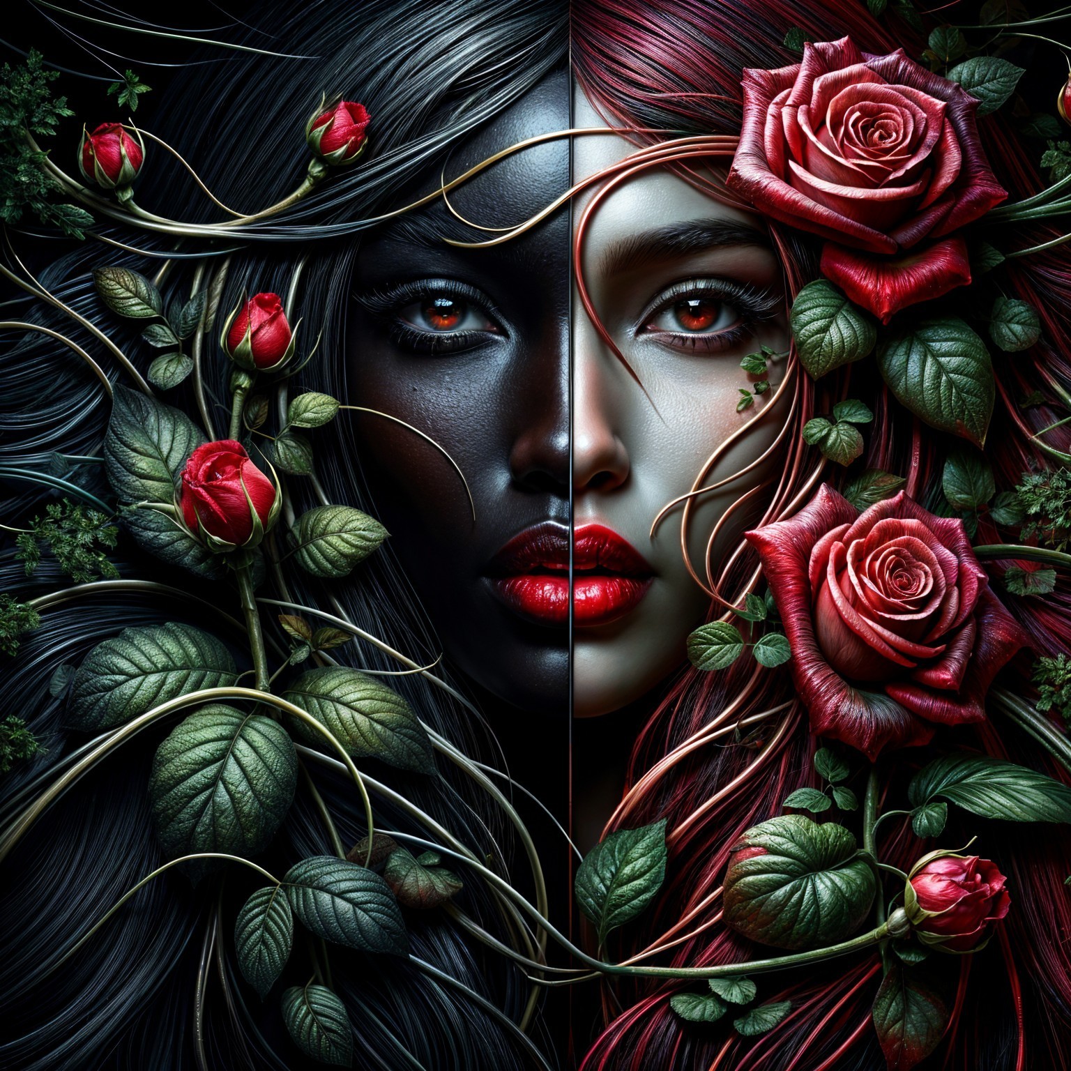 Split-Face Portrait of Women with Roses and Leaves