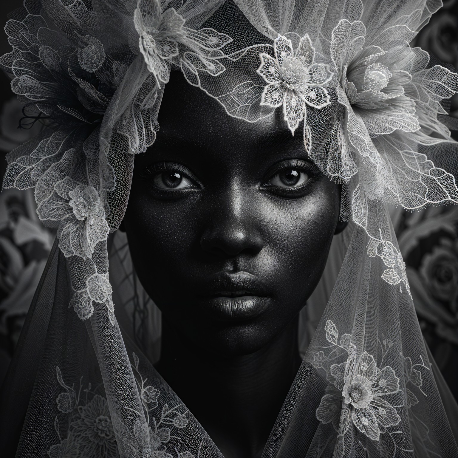 Black-and-white portrait of a woman with veil and lace