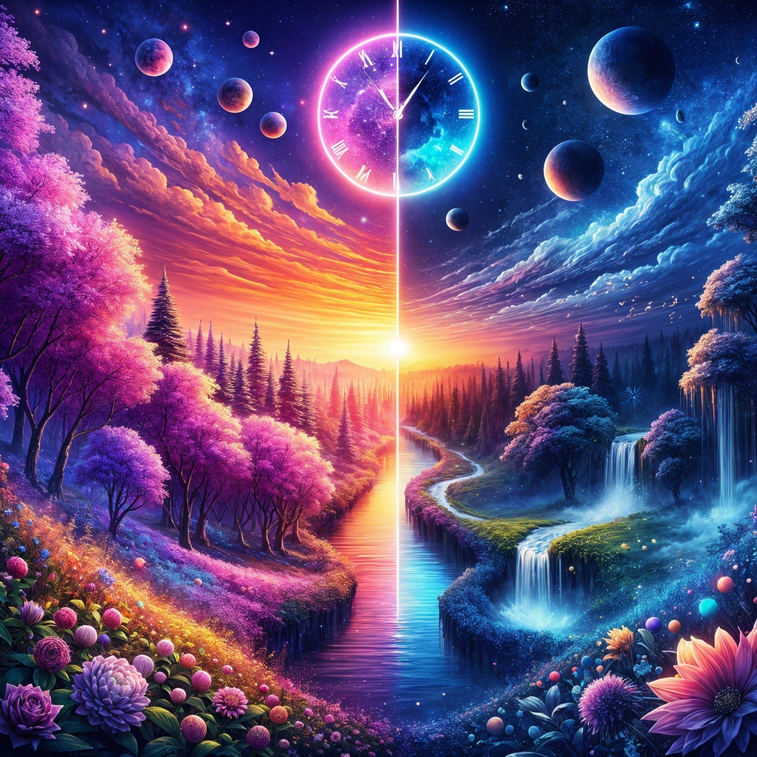 Surreal Landscape with Glowing Clock and Nature Elements