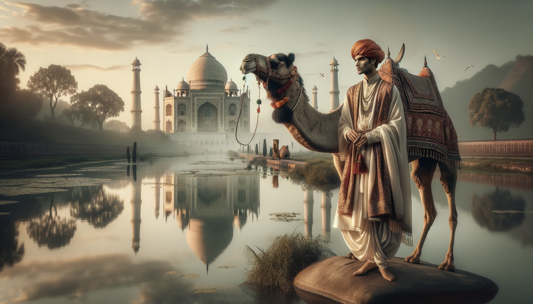 Camel and Person by Water with Taj Mahal Reflection