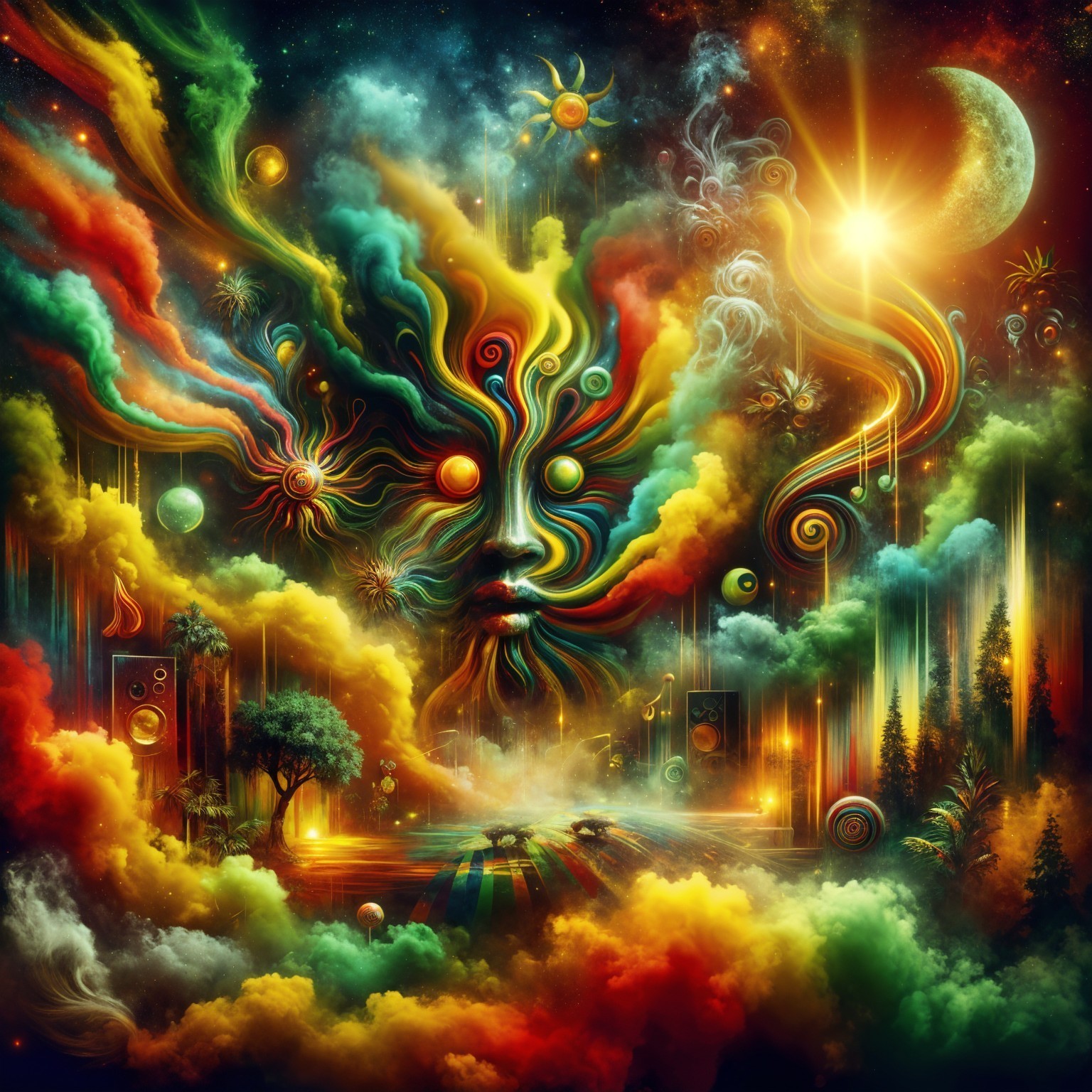 Surreal Landscape with Colorful Clouds and Ethereal Face