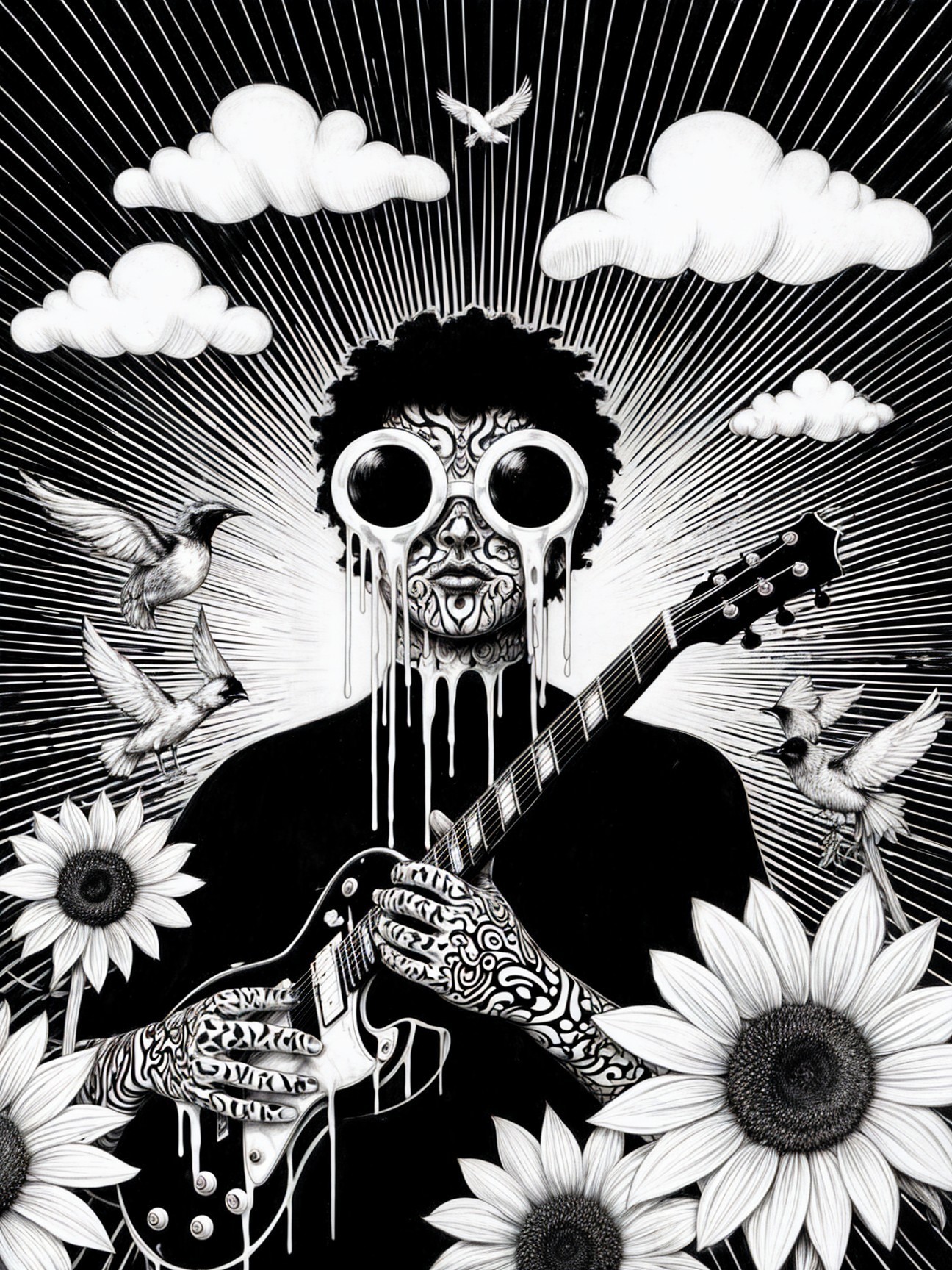 Figure with patterned skin holding a guitar in surreal setting