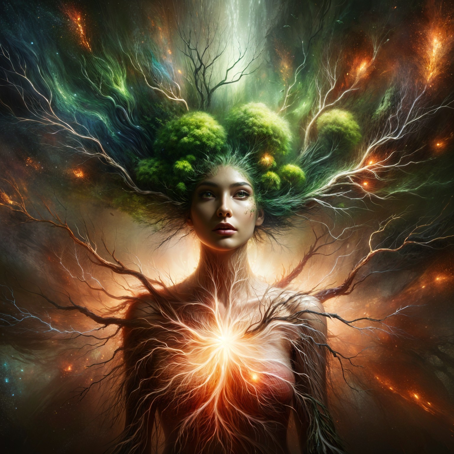 Mystical figure with foliage hair in cosmic background