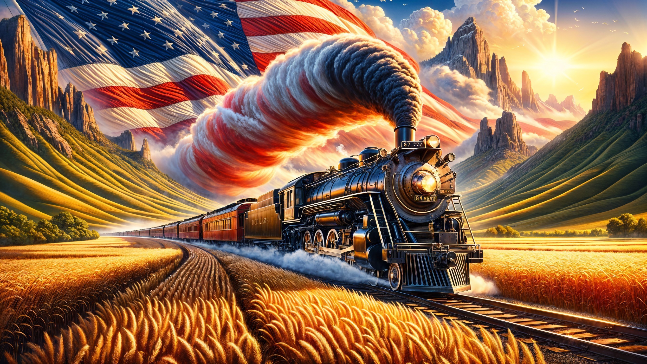 Steam Train in Golden Fields at Sunset with Mountains