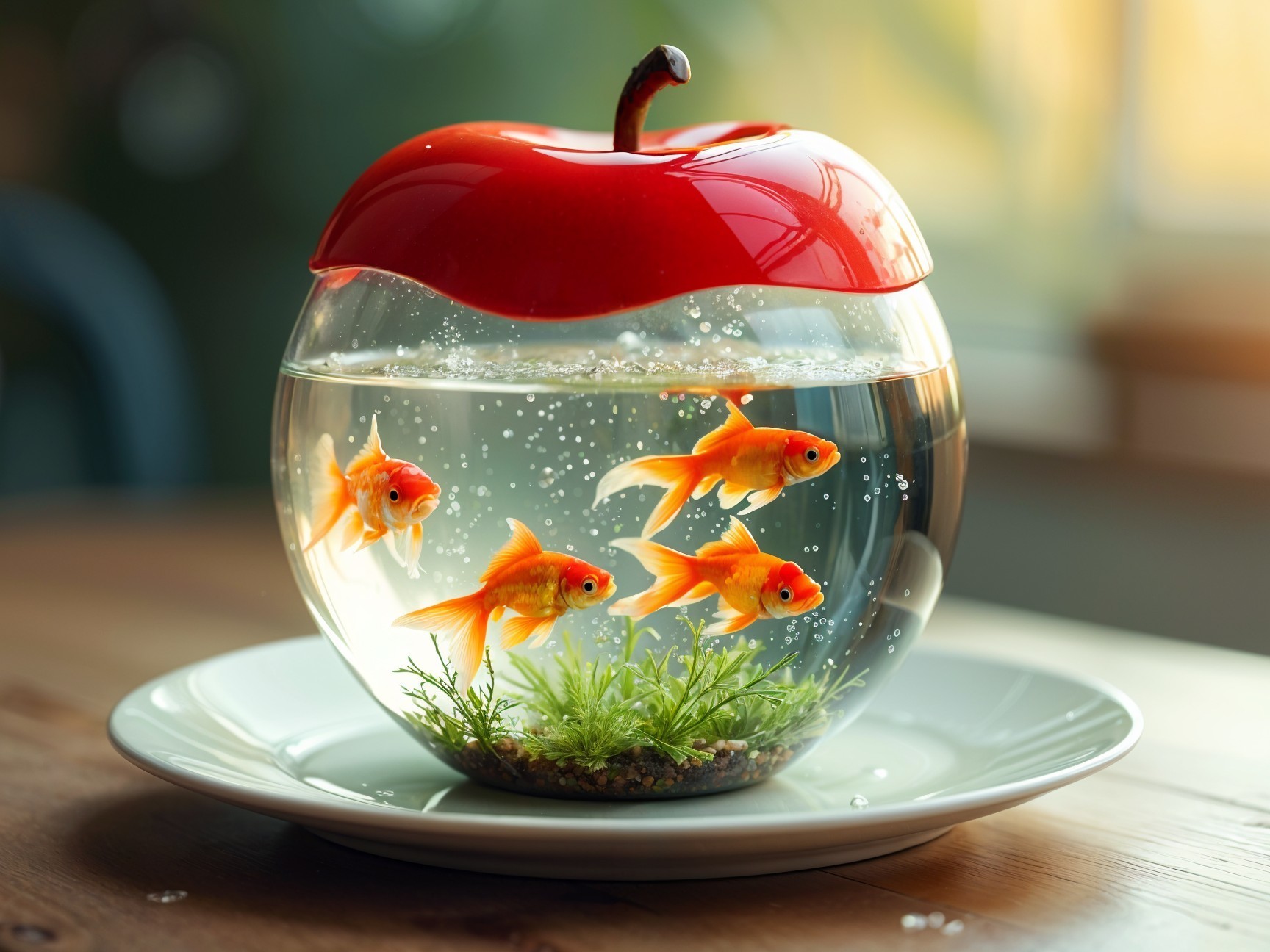 Whimsical Apple-Shaped Fishbowl with Goldfish and Plants