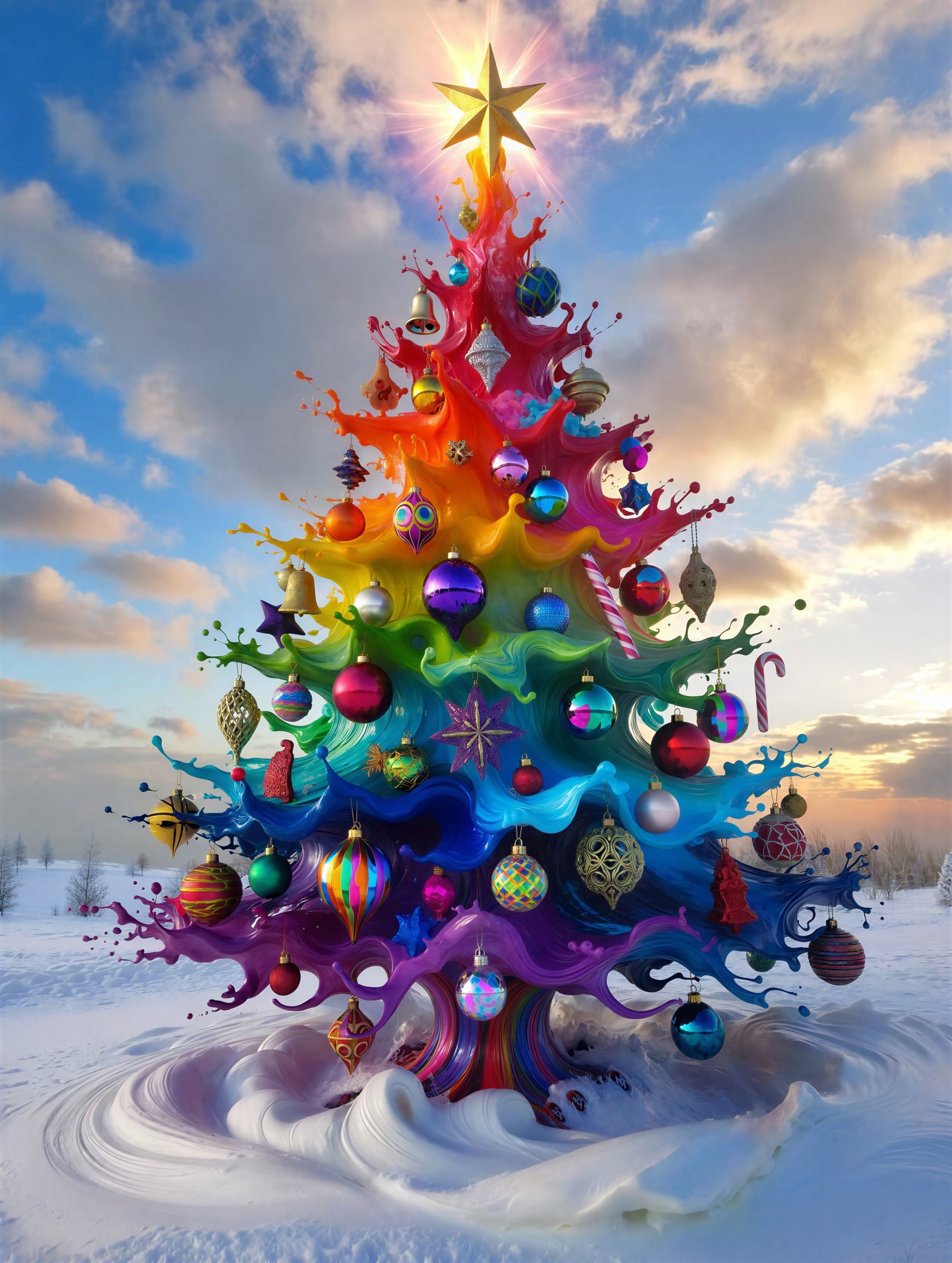 Rainbow Christmas Tree with Colorful Ornaments and Snow
