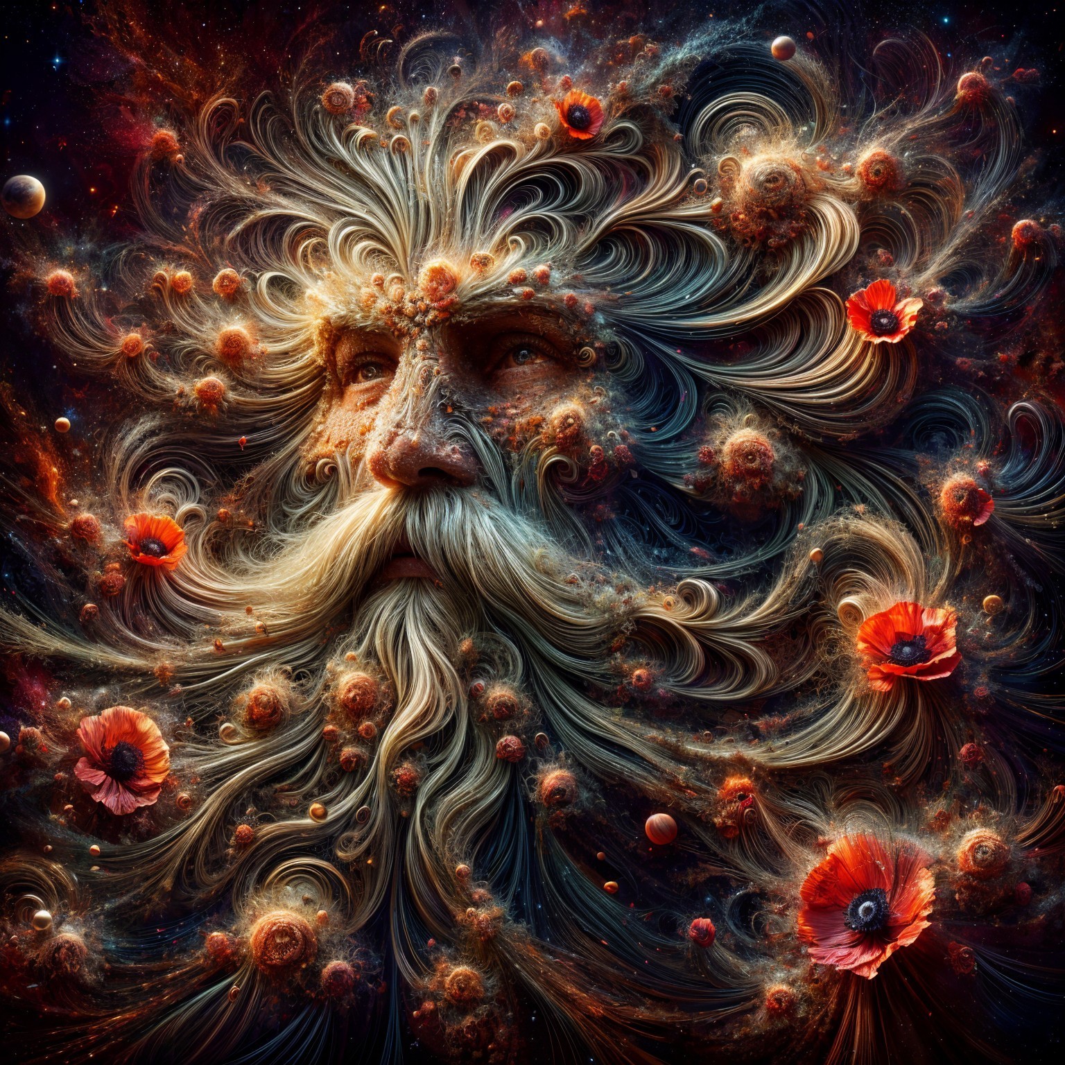 Celestial Figure in Cosmic Landscape with Poppies