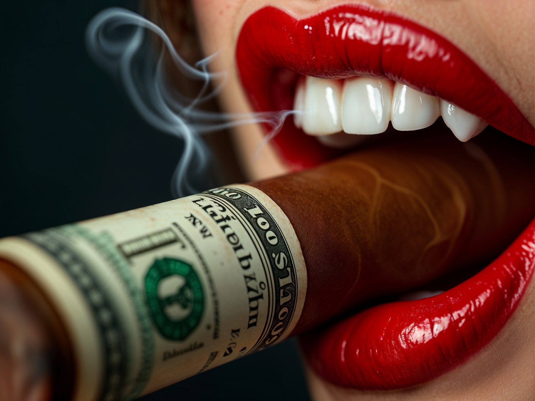 Red Lips with Cigar and Dollar Bill Close-Up