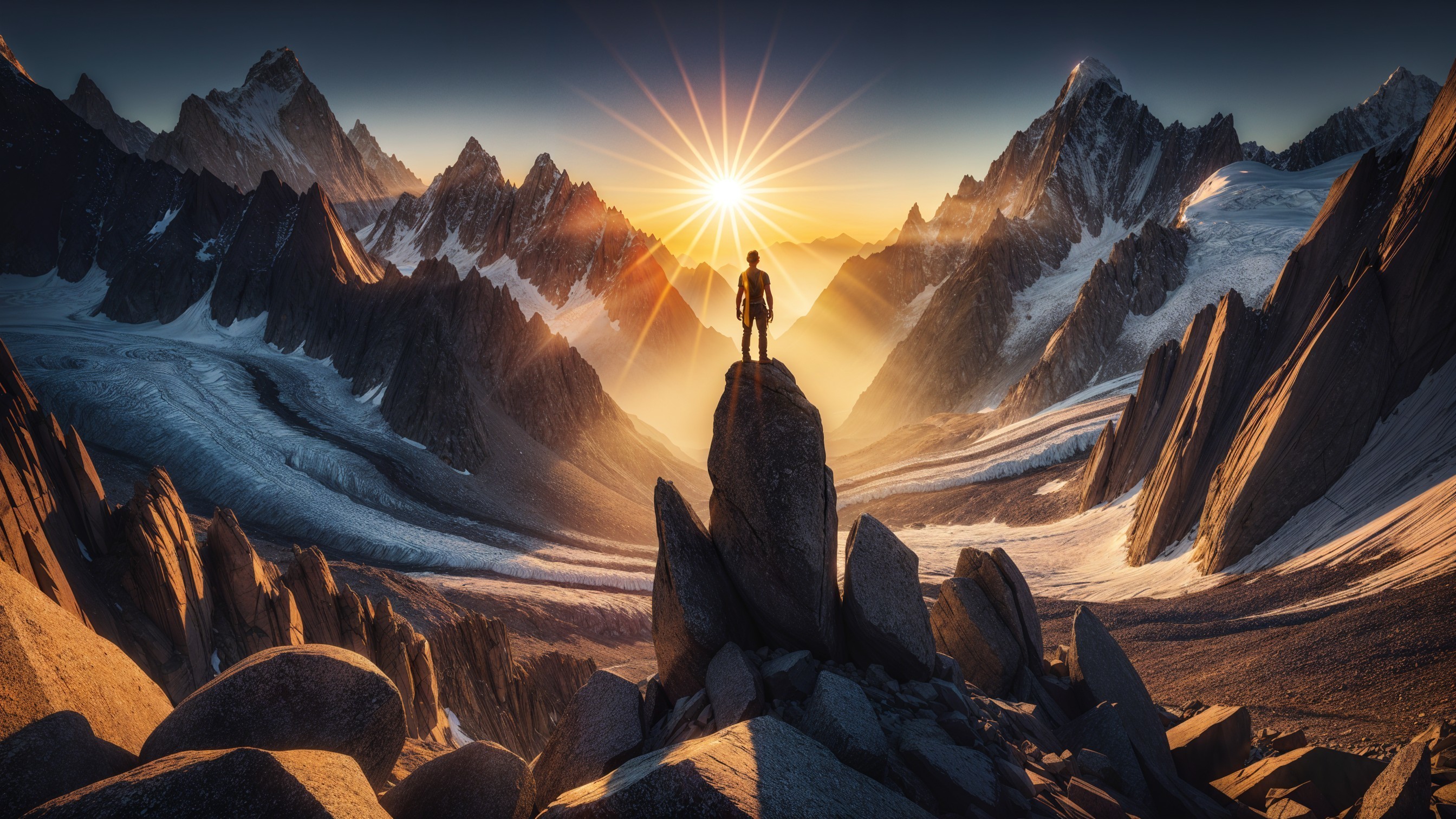 Lone Figure on Jagged Rock at Sunrise Over Mountains