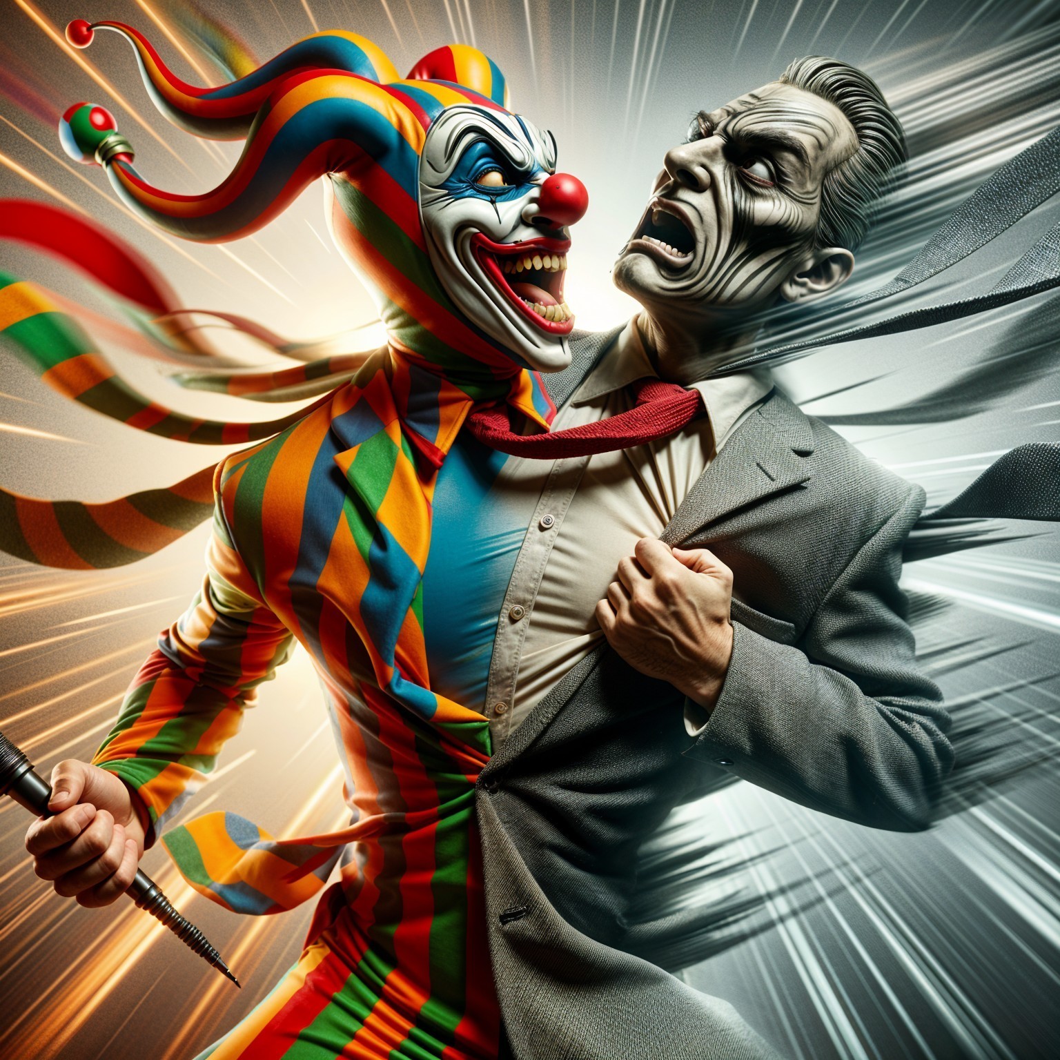 Clown and Monochrome Man in Dramatic Struggle