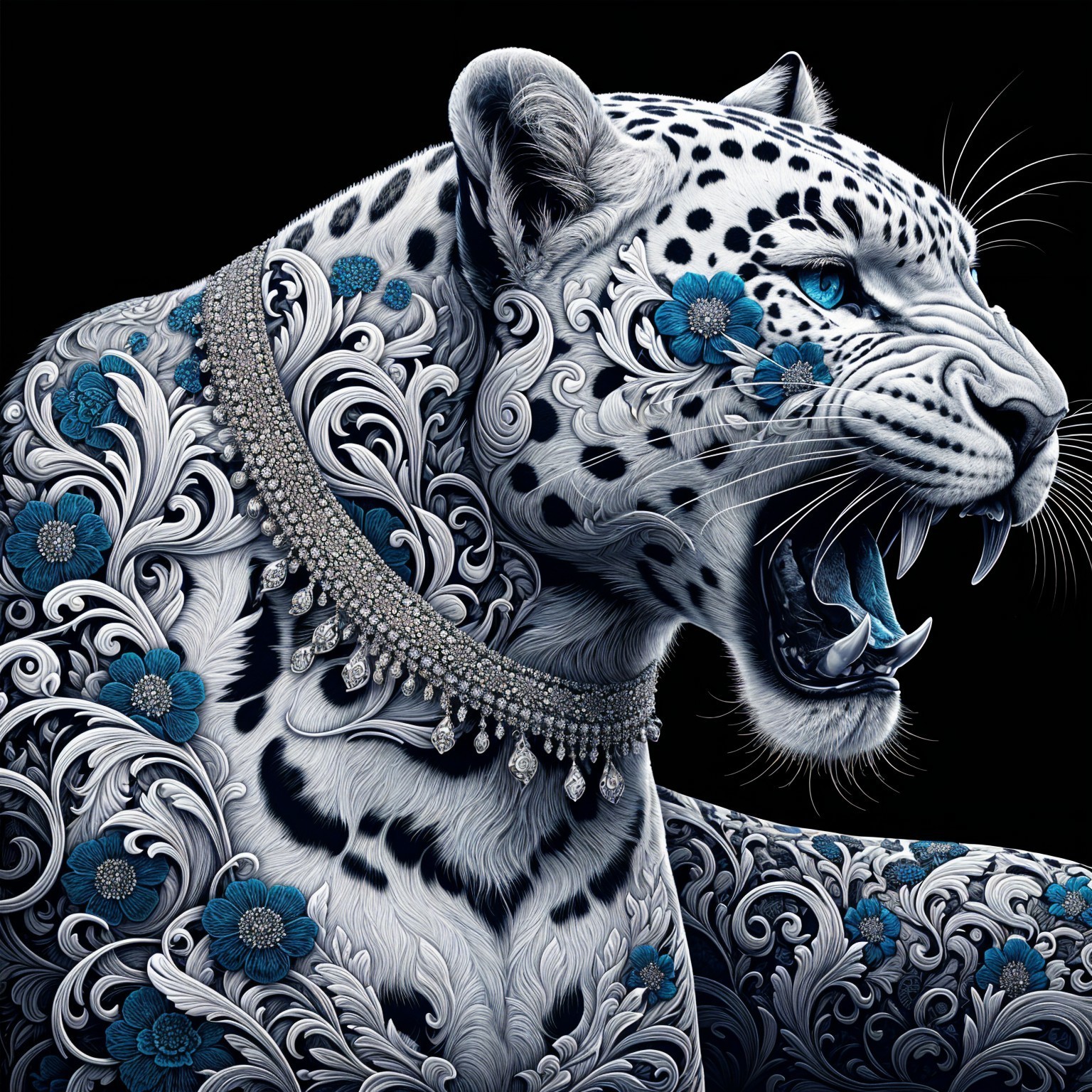 Leopard with Floral Patterns and Elegant Necklace