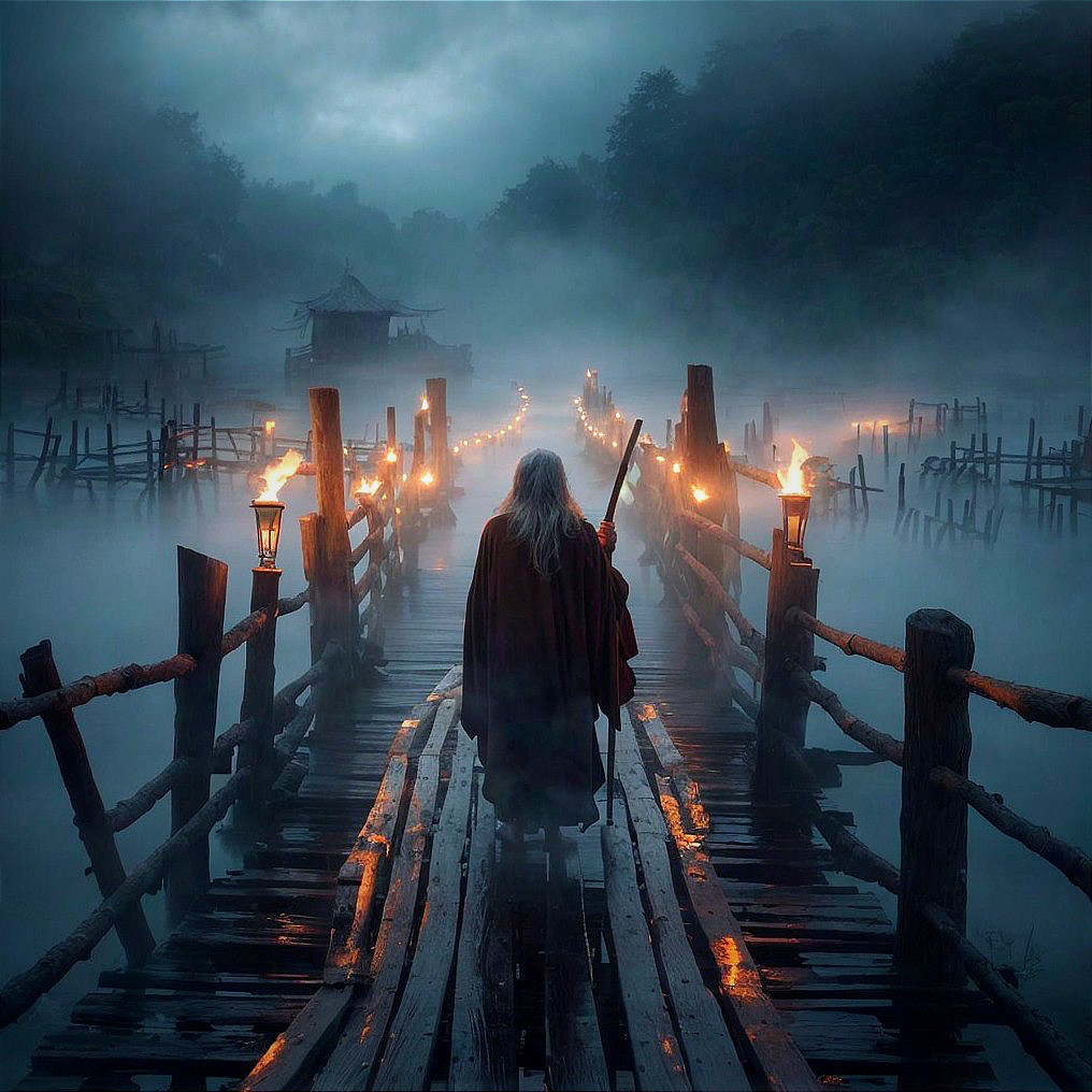 Mysterious Figure on Foggy Wooden Bridge at Dusk