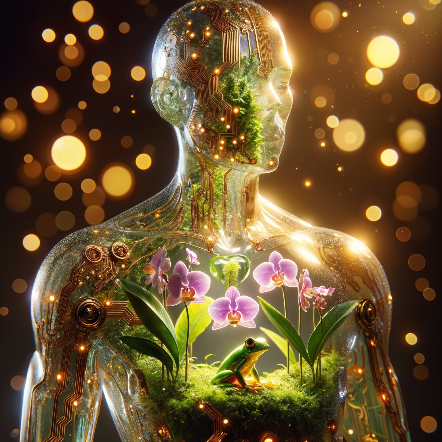 Translucent Humanoid Figure with Greenery and Orchids