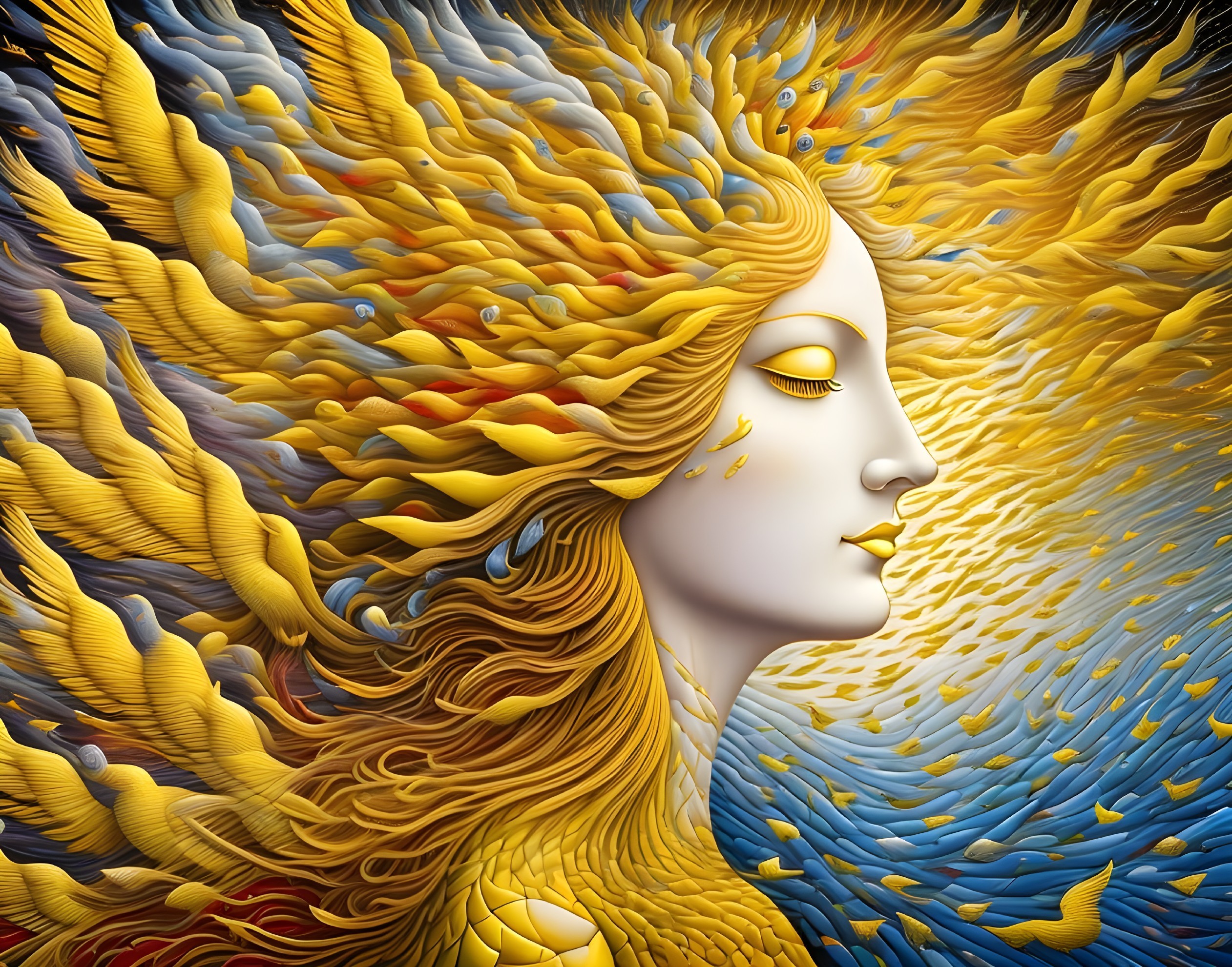 Profile of a Woman with Vibrant Feather-Like Hair