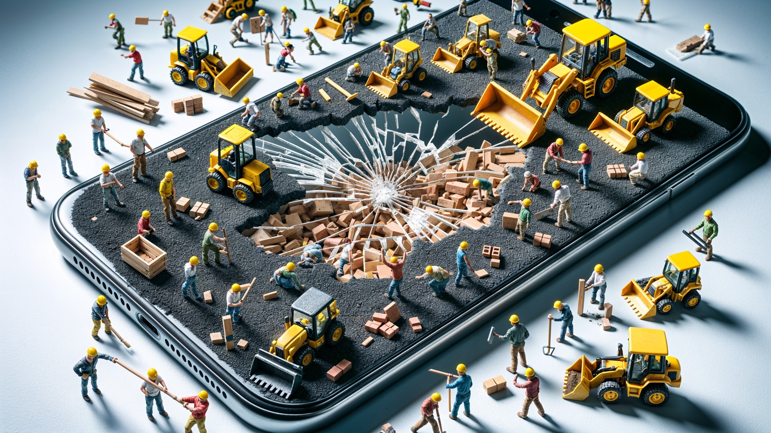 Miniature Construction Workers on a Smartphone Scene