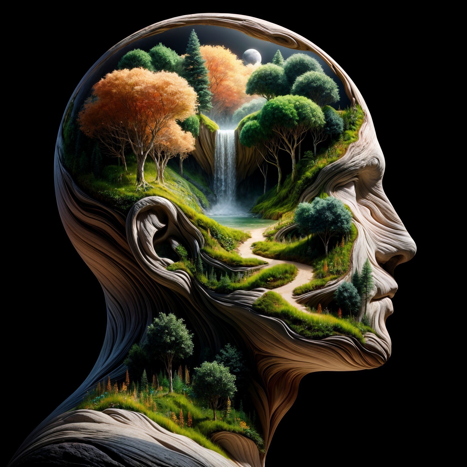 Surreal Human Profile with Landscape and Nature Elements