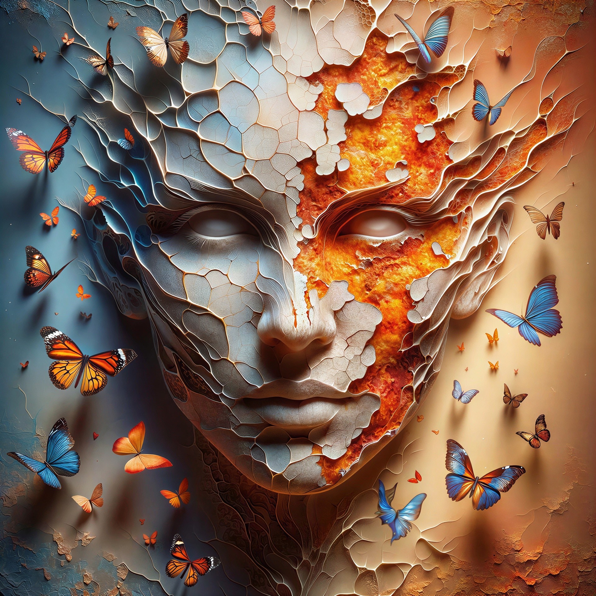 Fragmented Female Face with Colorful Butterflies and Texture