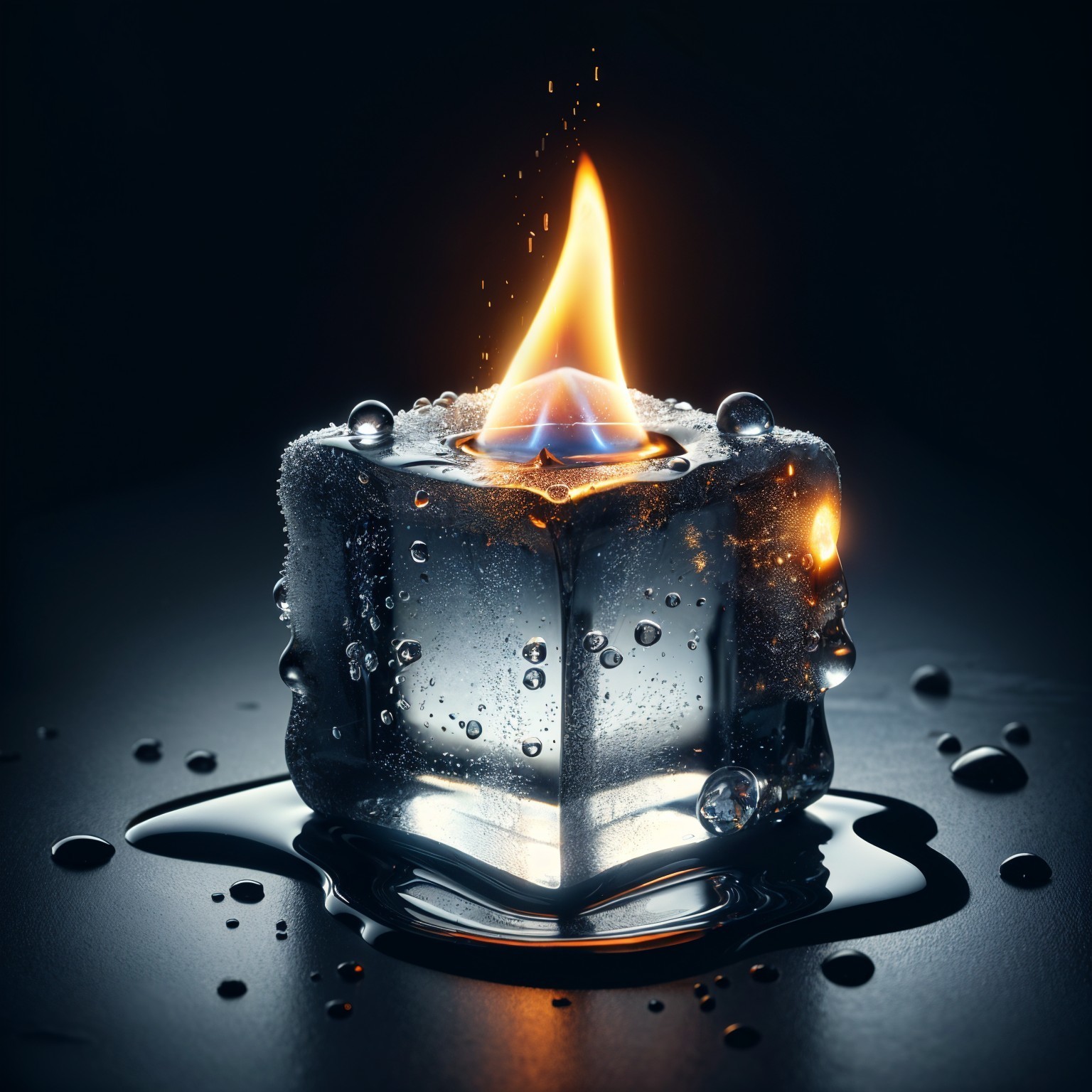 Glowing Ice Cube with Flames on Dark Surface