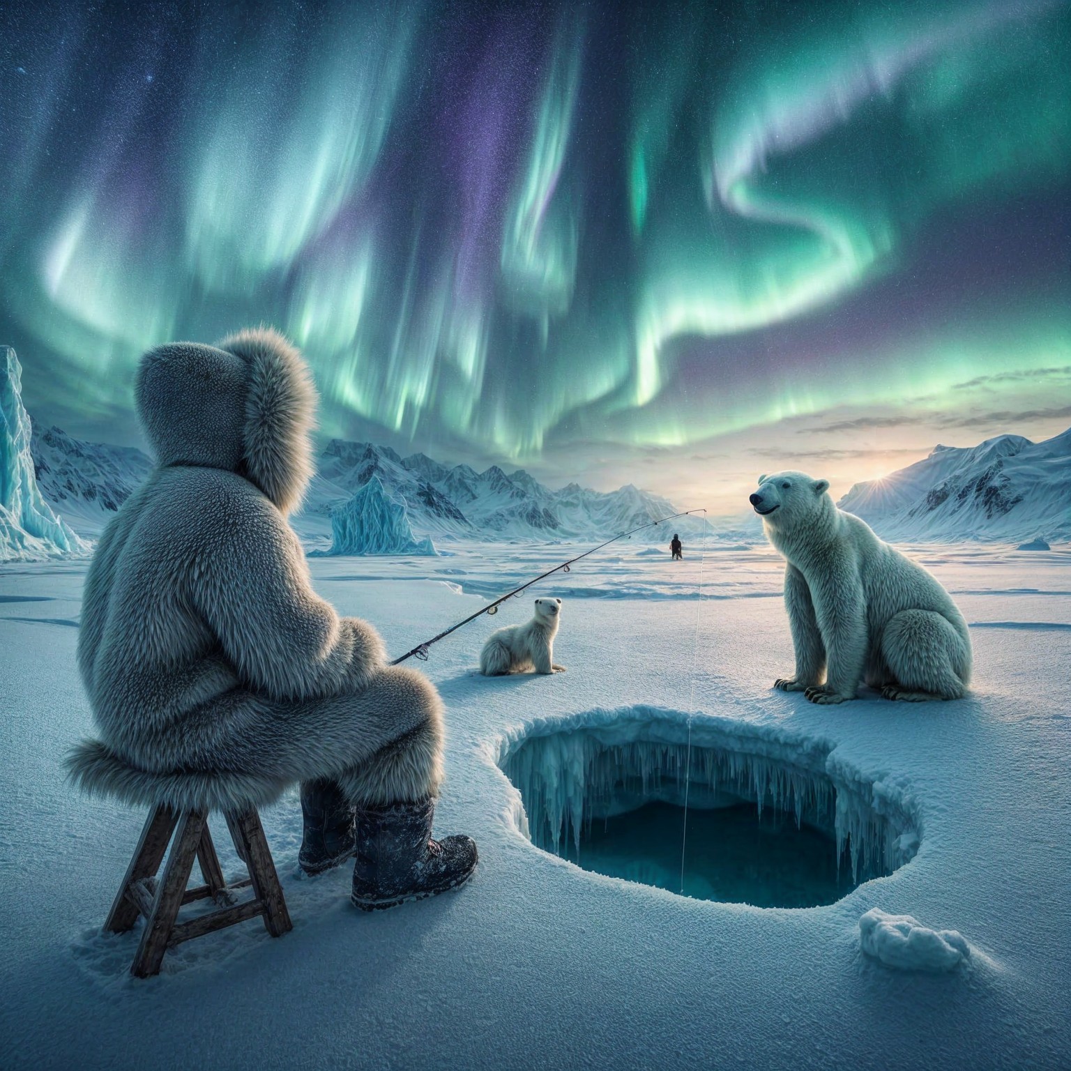 Arctic Scene with Aurora, Fishing, and Polar Bears
