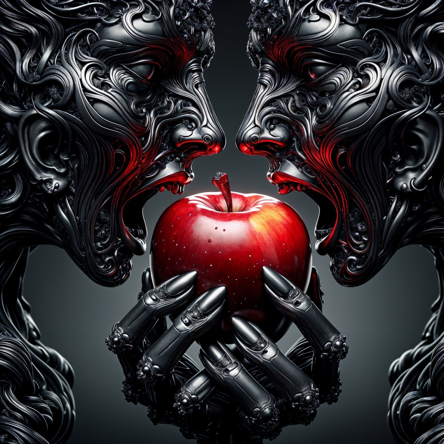 Intricate Metallic Figures with Red Apple Symbolizing Choice