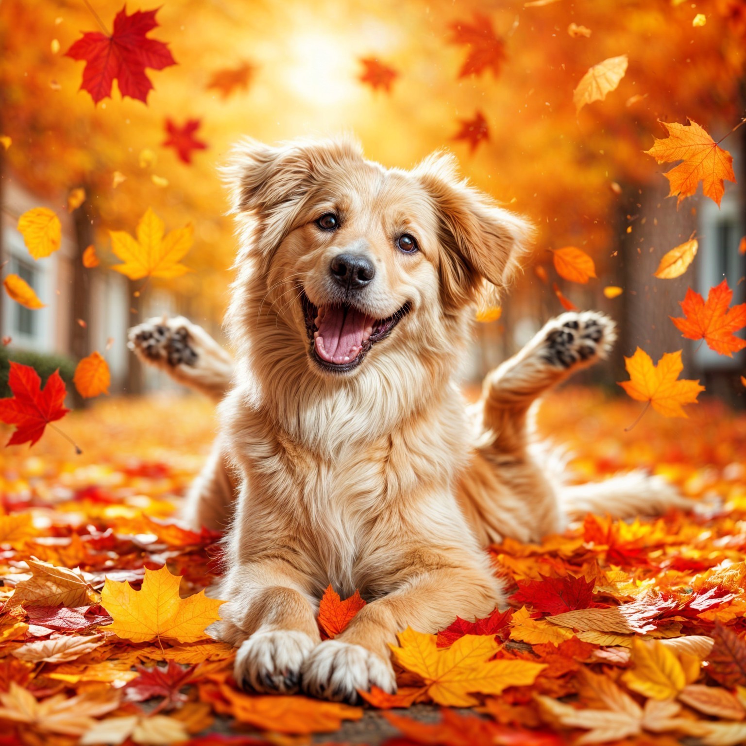 Golden Retriever Puppy Among Autumn Leaves