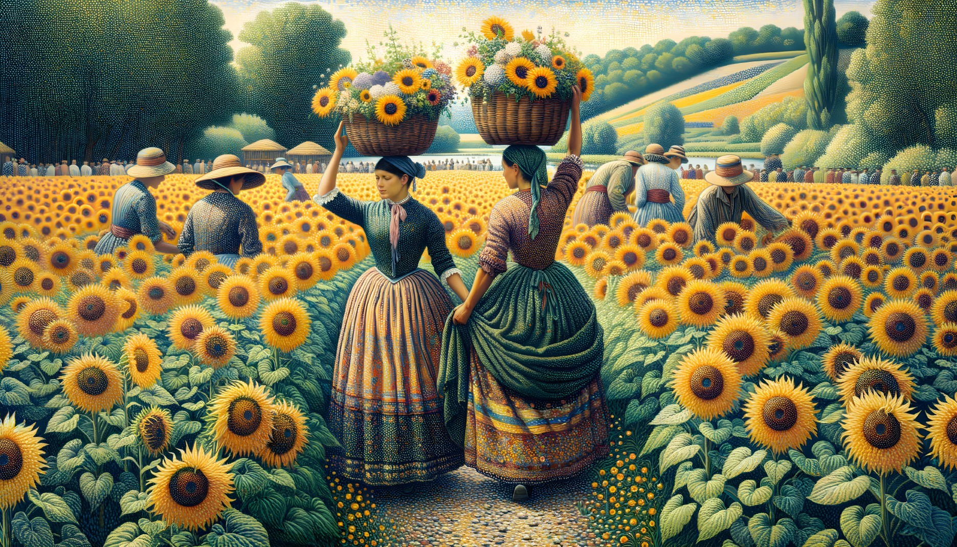 Women in Traditional Attire in Sunflower Field