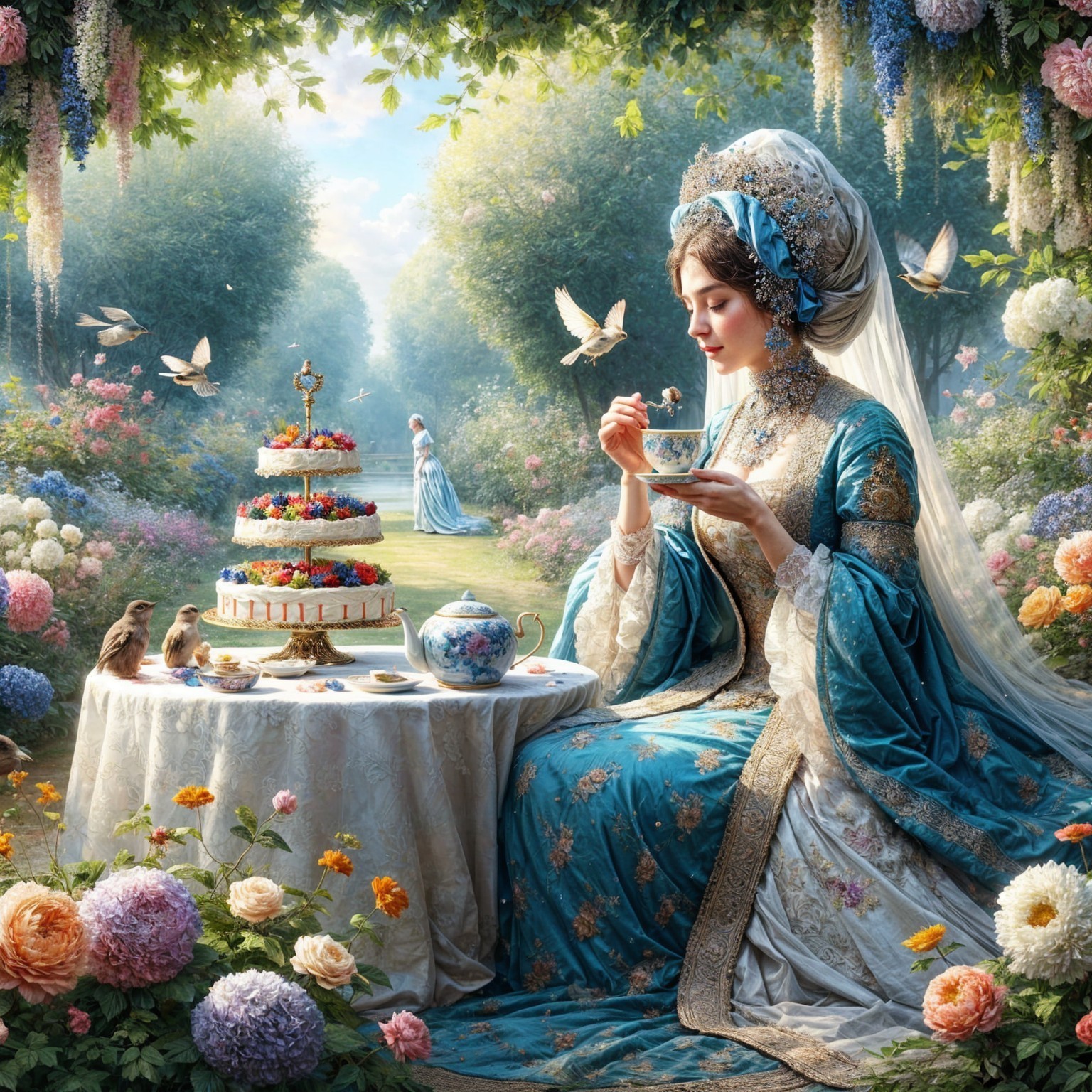 Regal Woman Enjoys Pastry in Vibrant Garden Setting