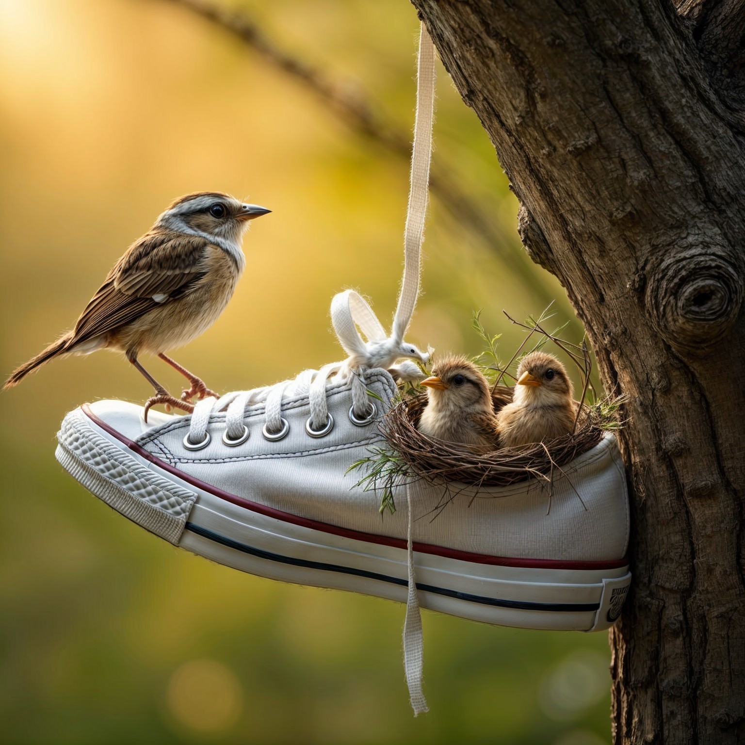 White Sneaker Nest with Baby Birds in Sunlit Tree