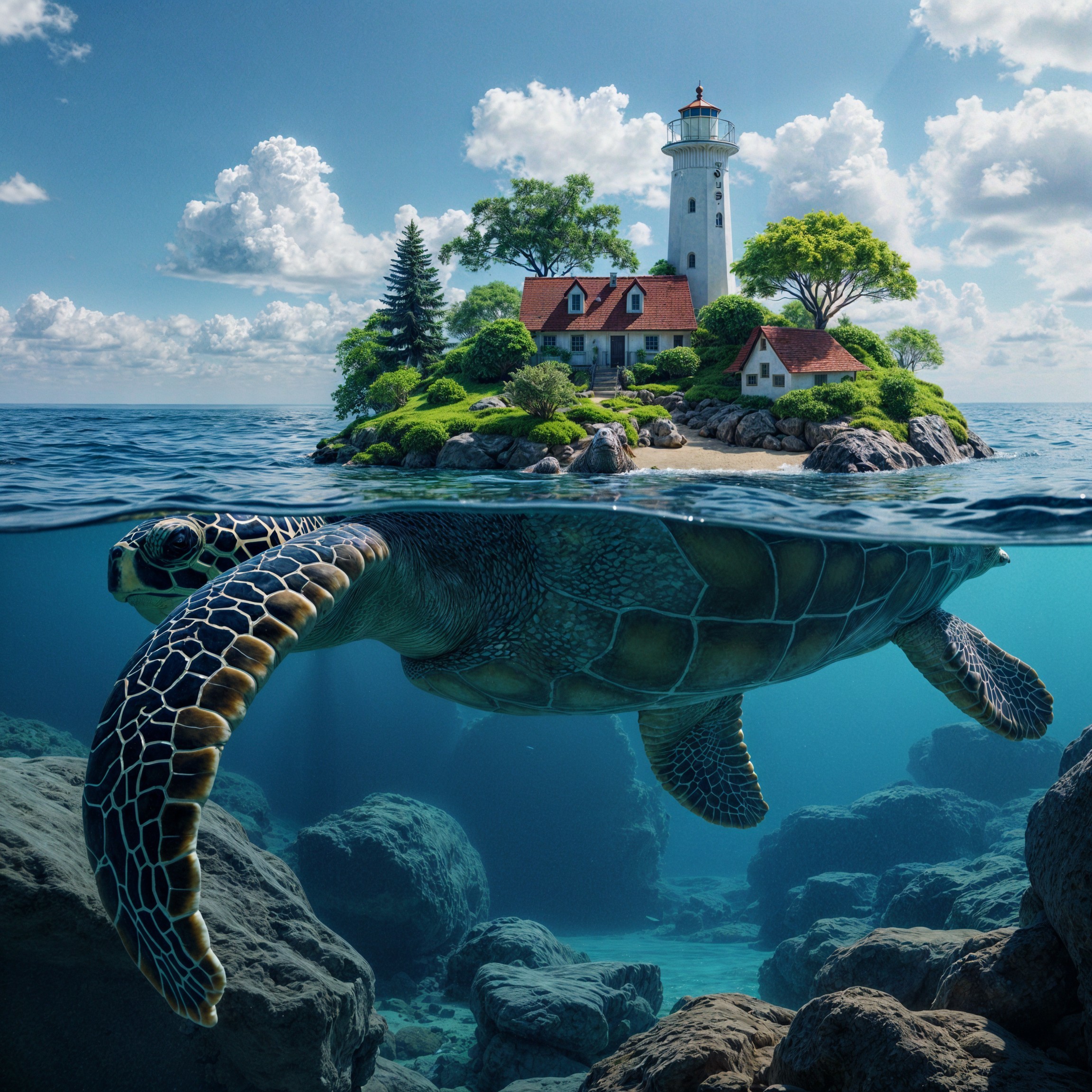 Vibrant Sea Turtle and Picturesque Island Landscape