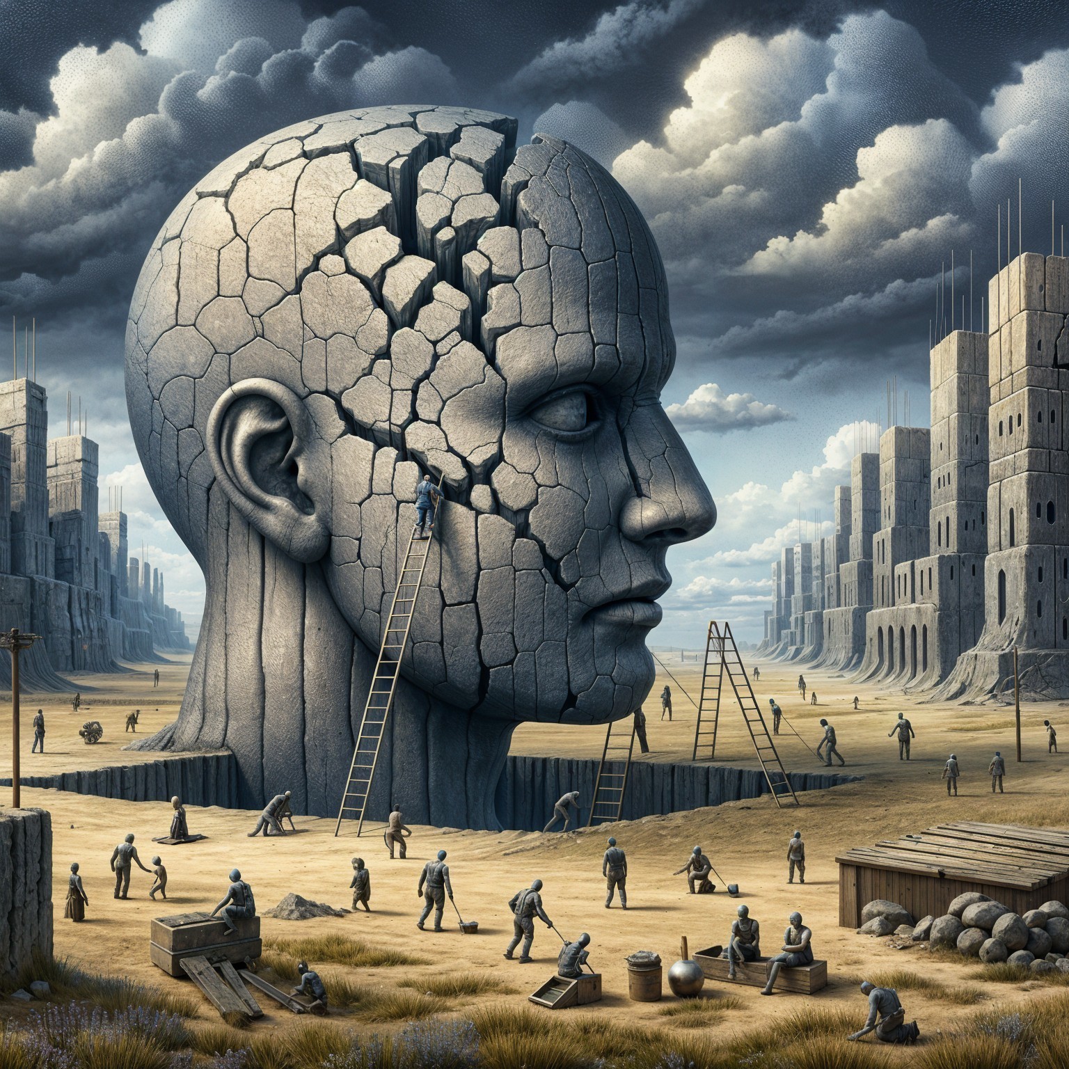Massive Cracked Stone Head in Barren Landscape