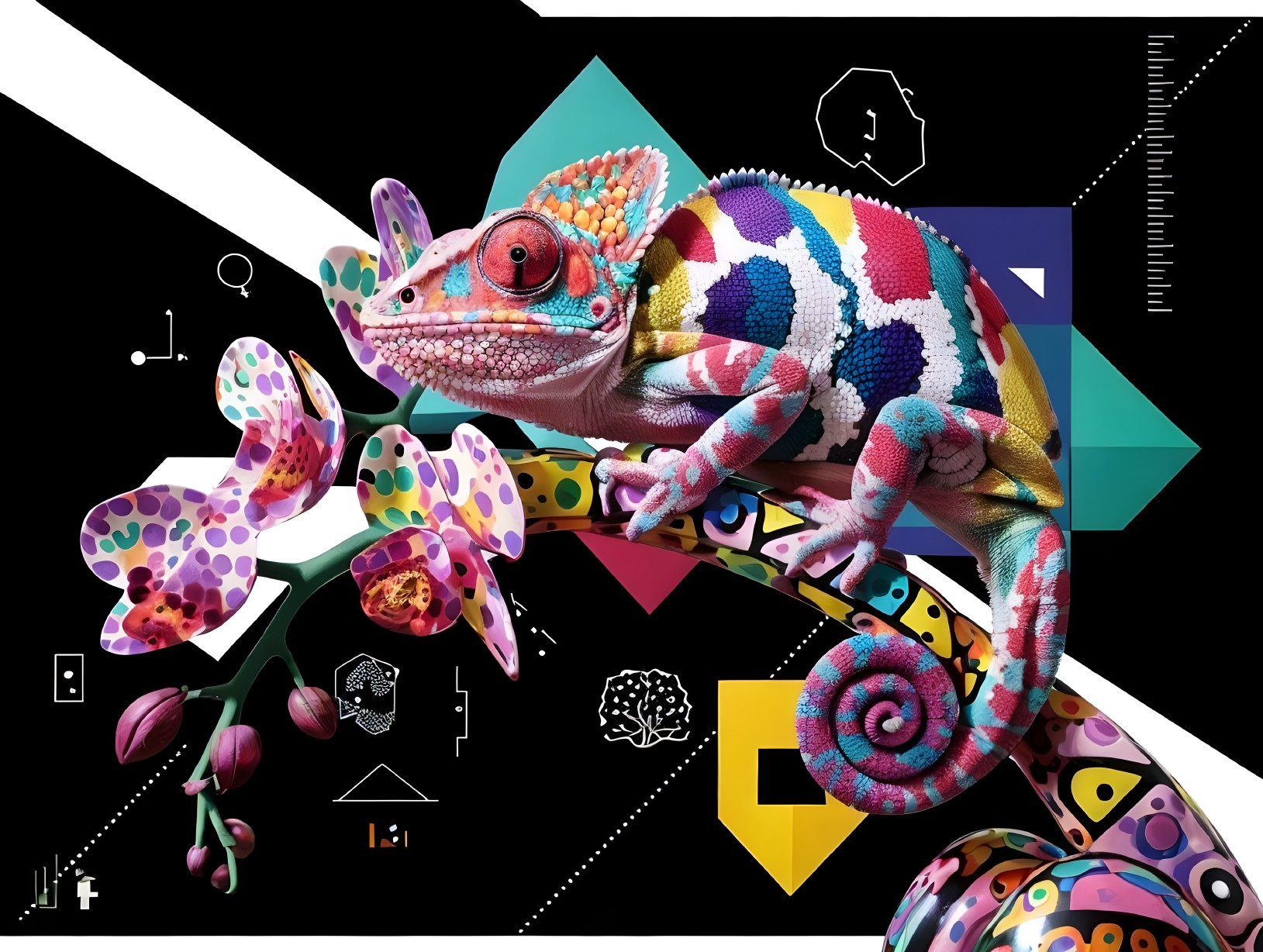 Colorful Chameleon on Vibrant Patterned Branch