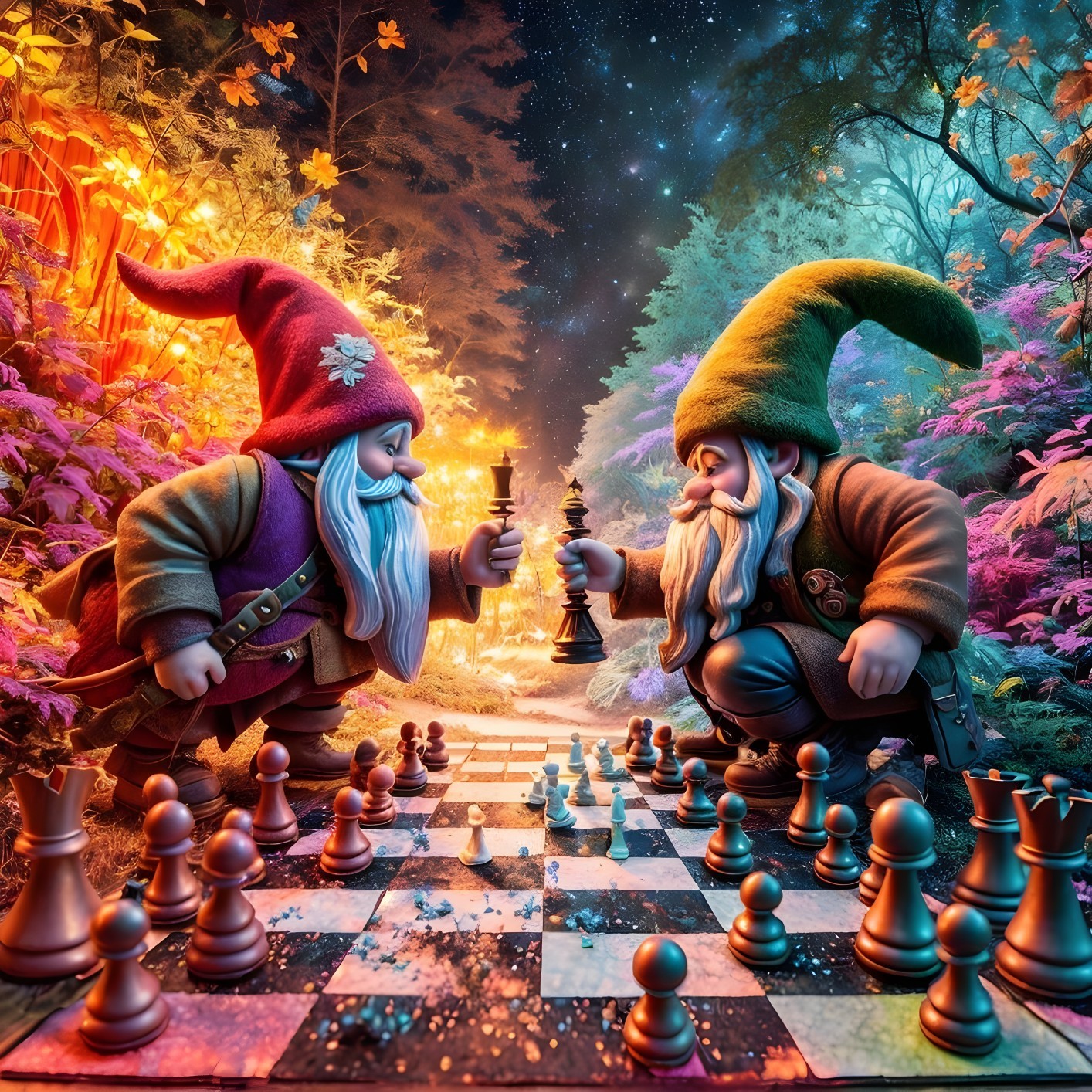 Gnome Friends Playing Chess in a Whimsical Forest