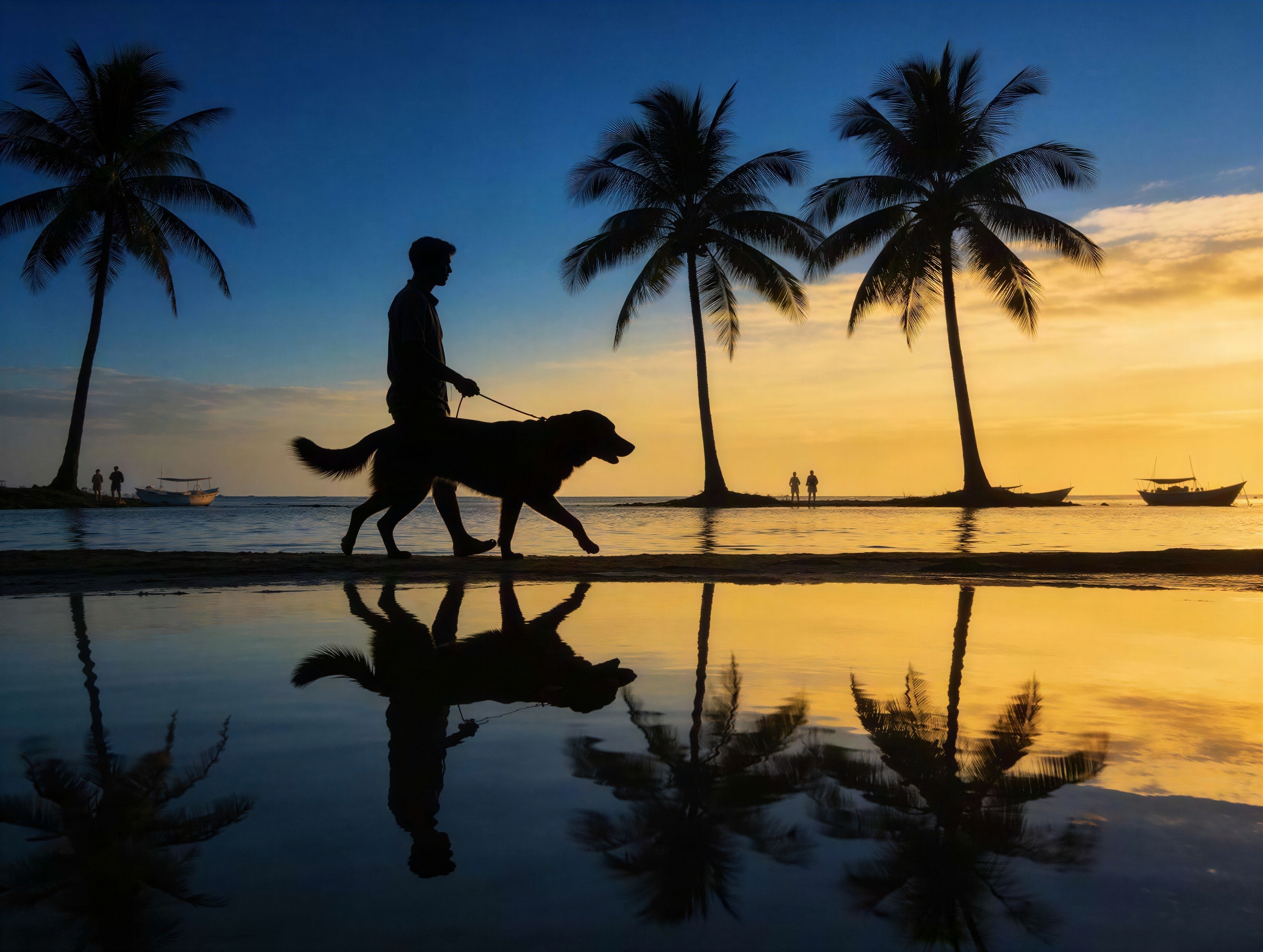 Man Walking Dog on Tropical Beach at Sunset