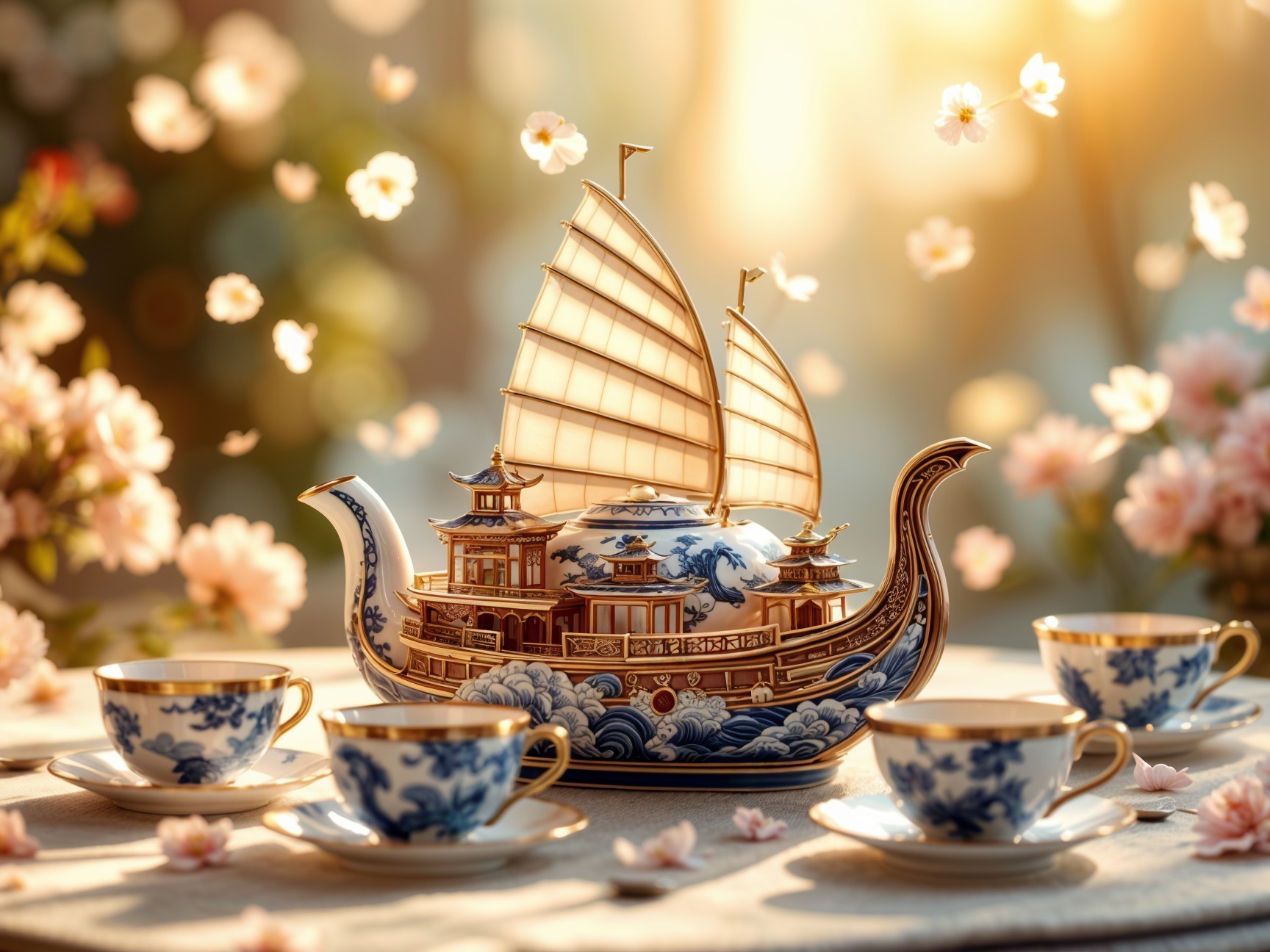 Elegant Teapot Resembling Traditional Chinese Junk Boat