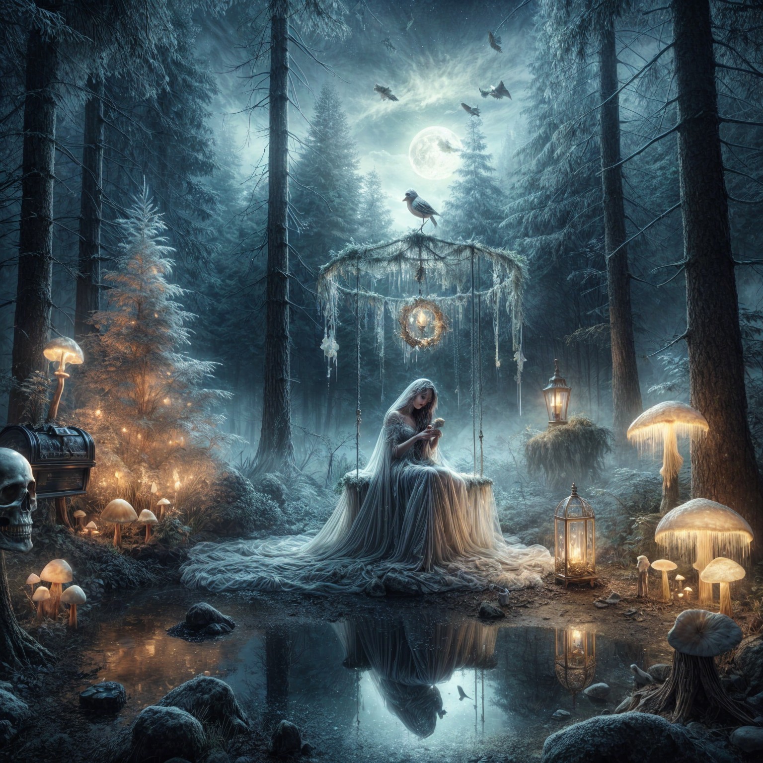 Mystical Forest Scene with Ghostly Figure and Lights