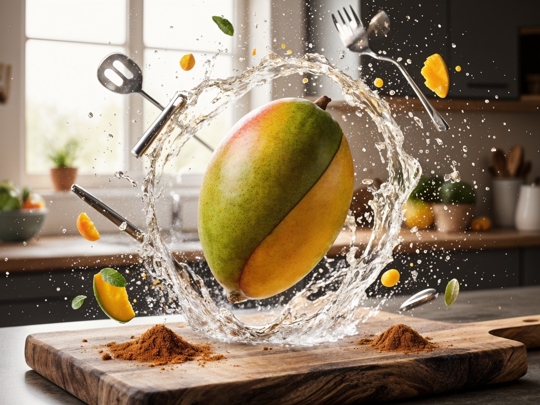 Vibrant Mango with Spices and Water Splash Scene