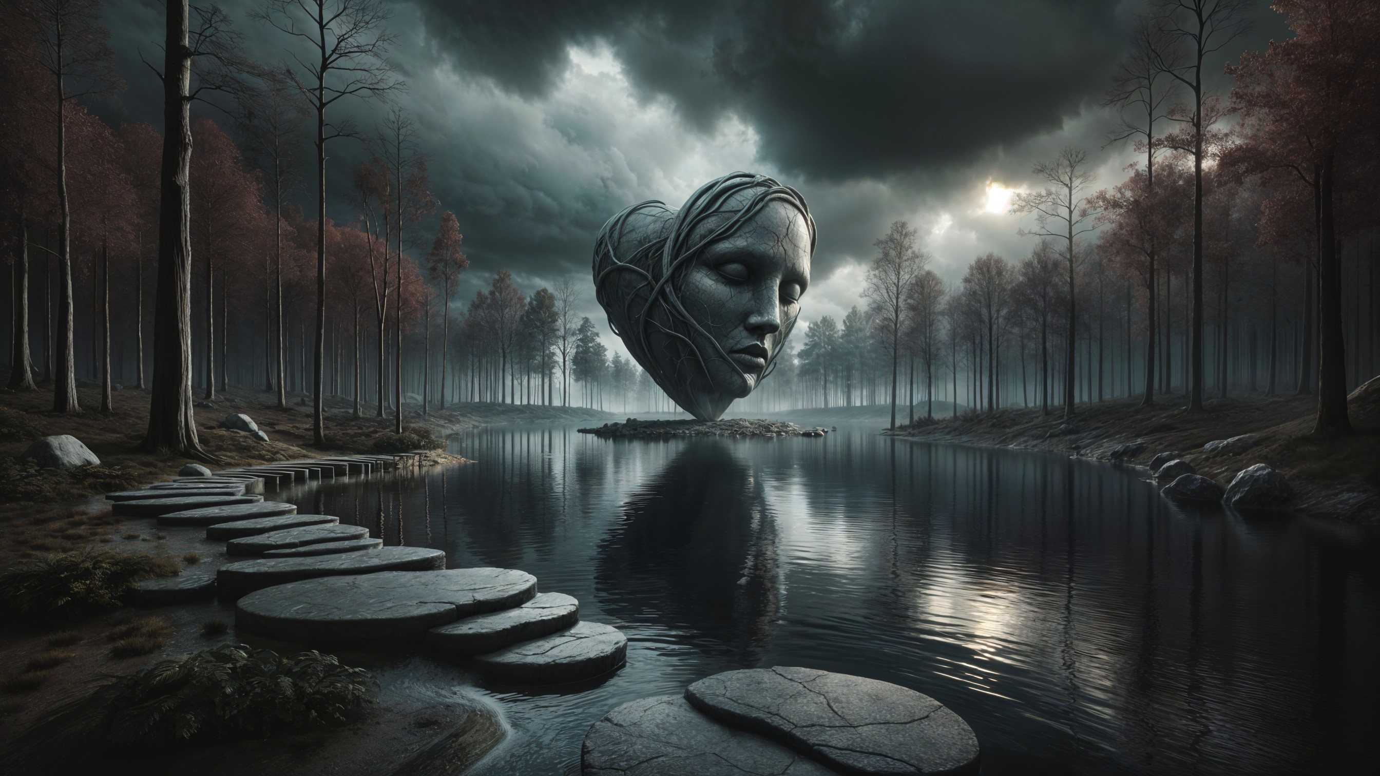 Heart-Shaped Face in Misty Lake Landscape