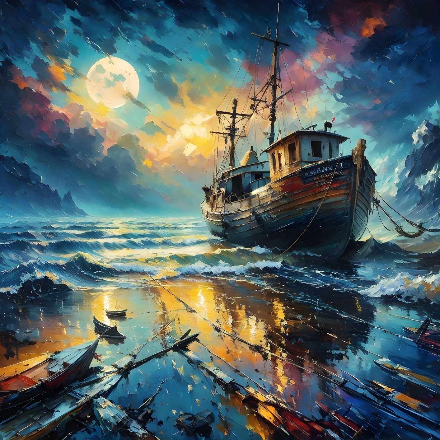 Vibrant Dusk Seascape with Fishing Boat and Moonlight
