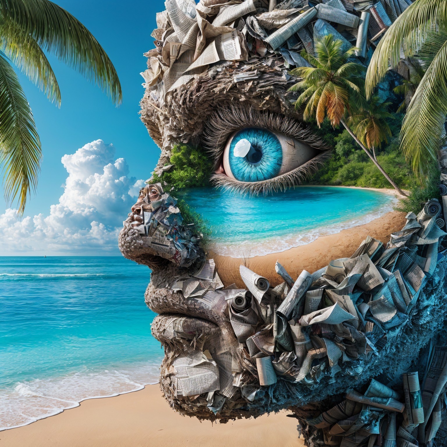 Surreal Human Face Made of Newspapers with Beach Scene