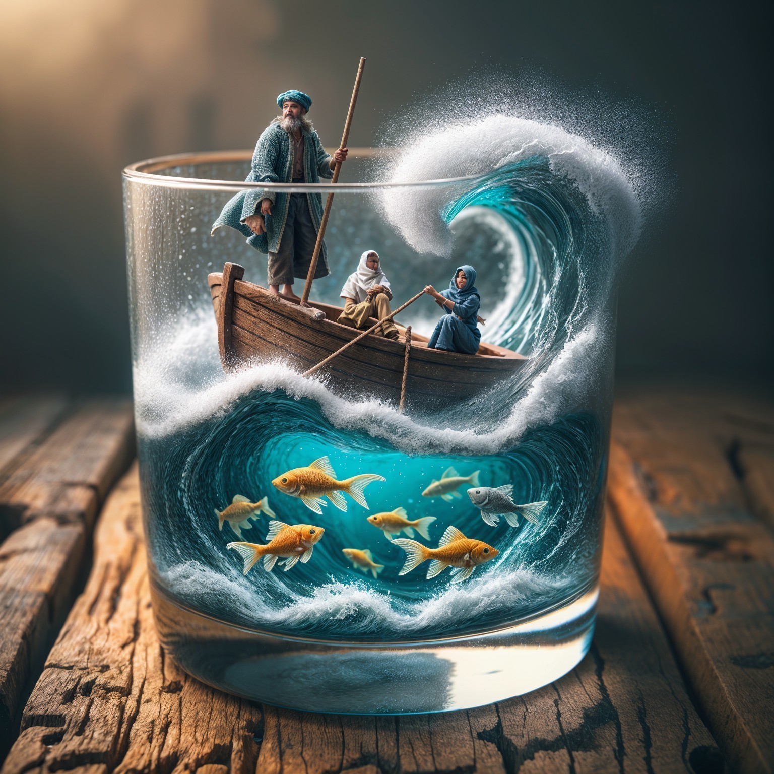 Miniature Fishing Scene in Glass with Goldfish
