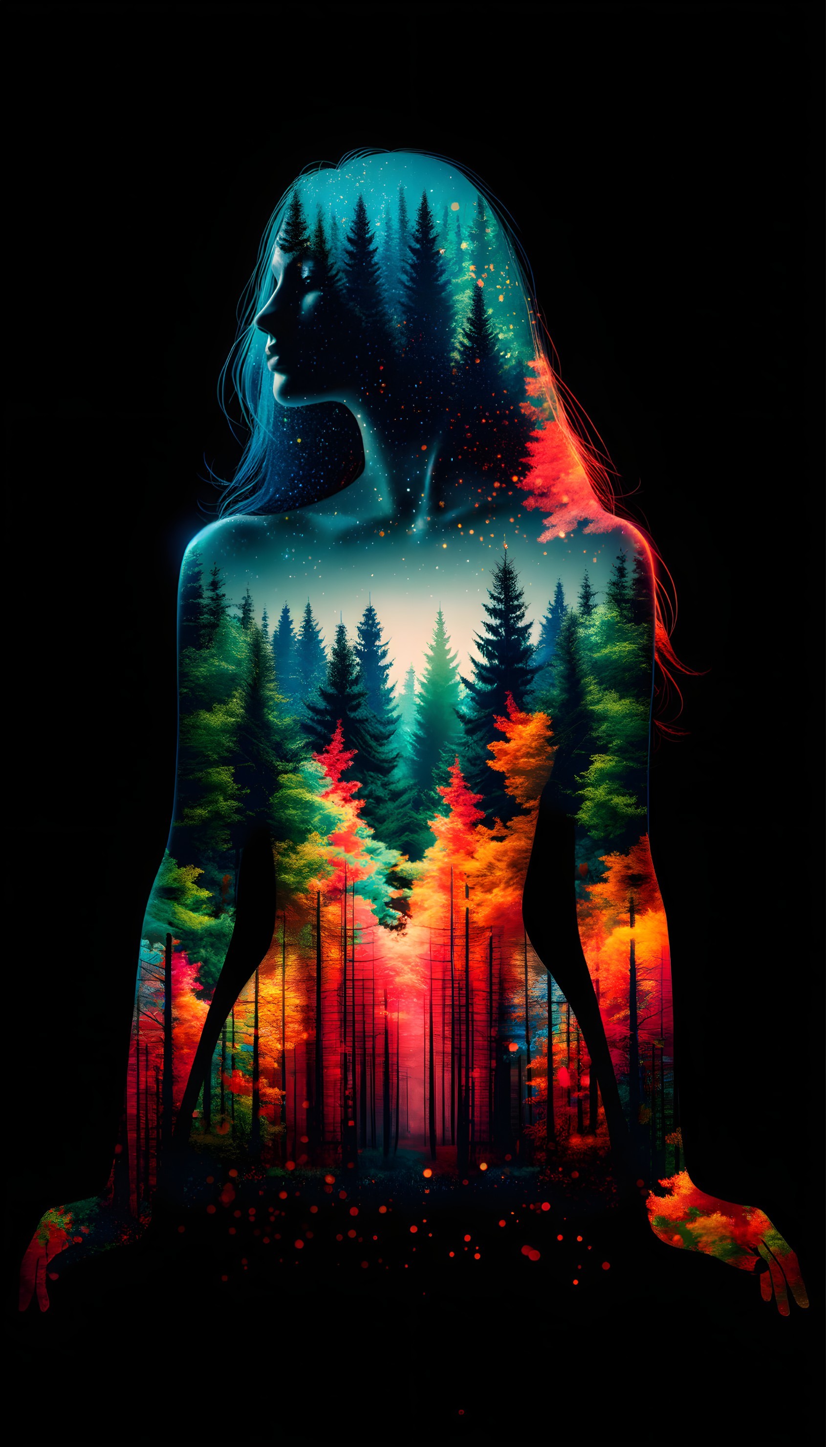 Silhouetted Woman Blended with Forest and Night Sky