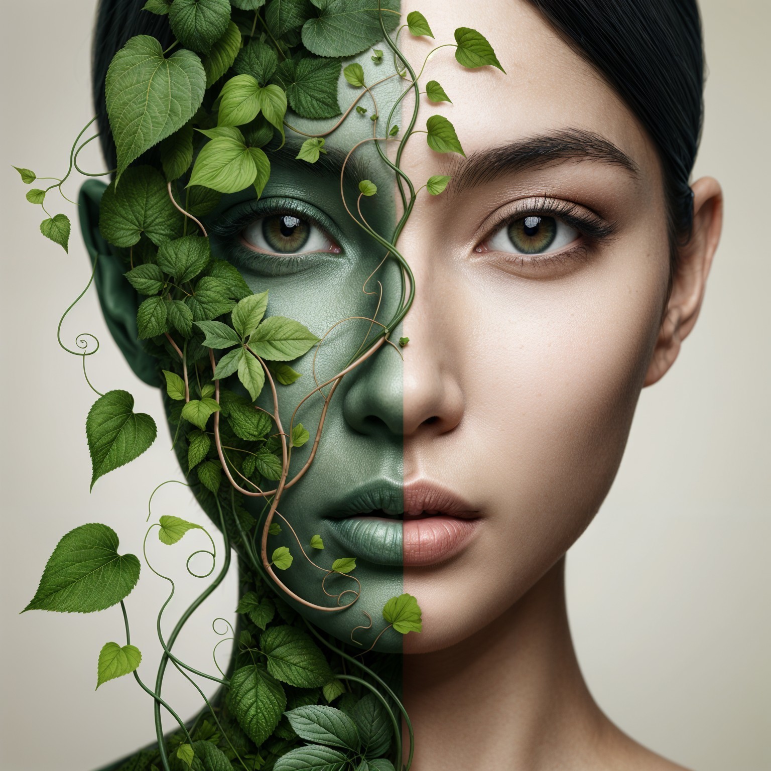 Portrait of a Woman with Green Face and Nature Elements