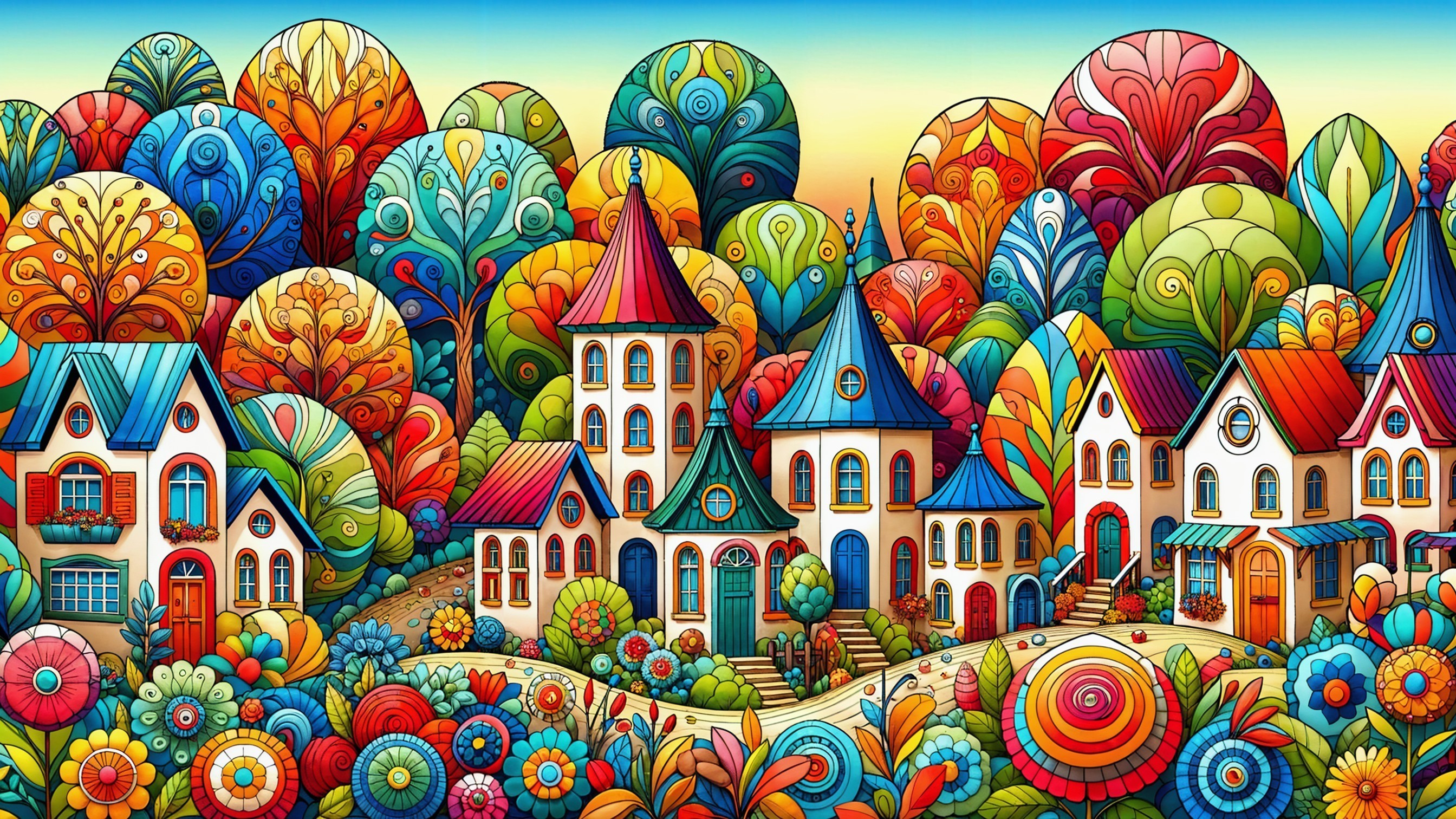 Whimsical Landscape with Colorful Houses and Trees