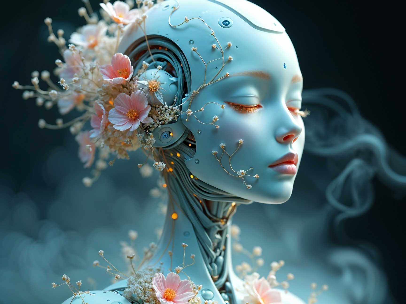 Robot Design Featuring Floral Elements and Mist