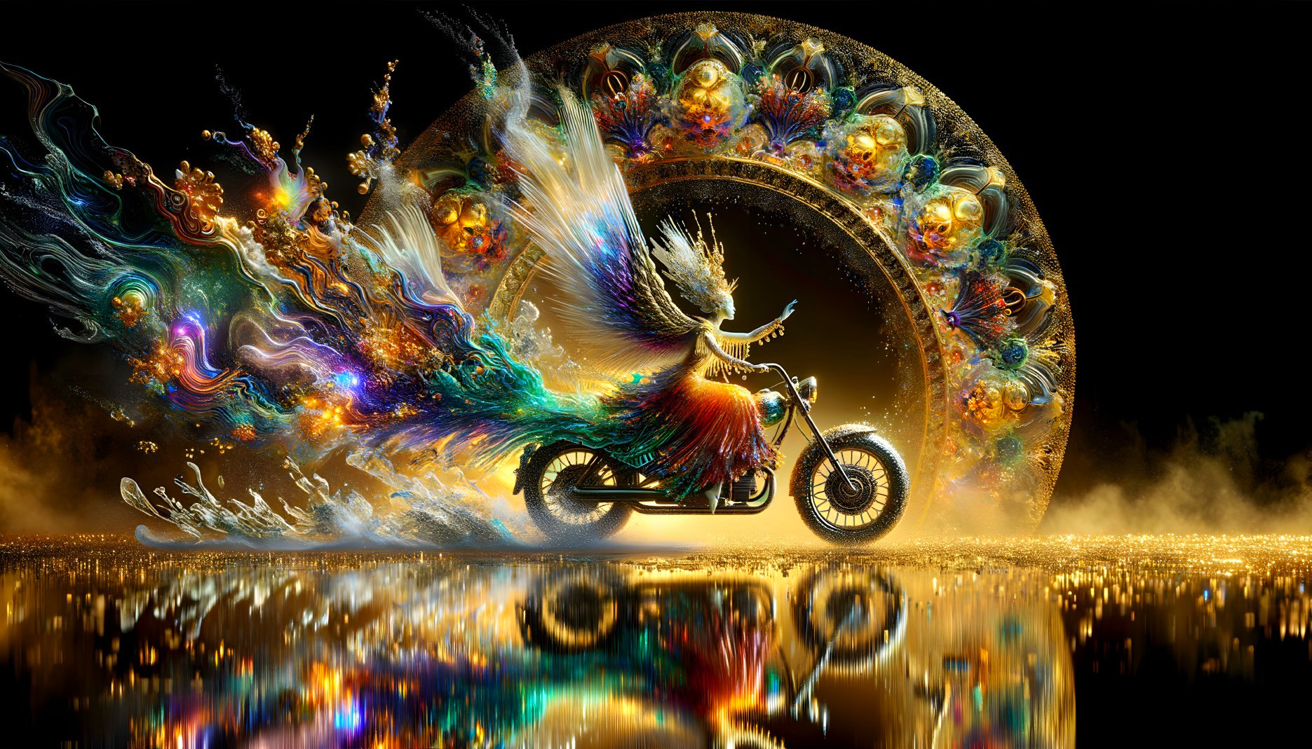 Fantasy Motorcycle Rider in Surreal Colorful Landscape