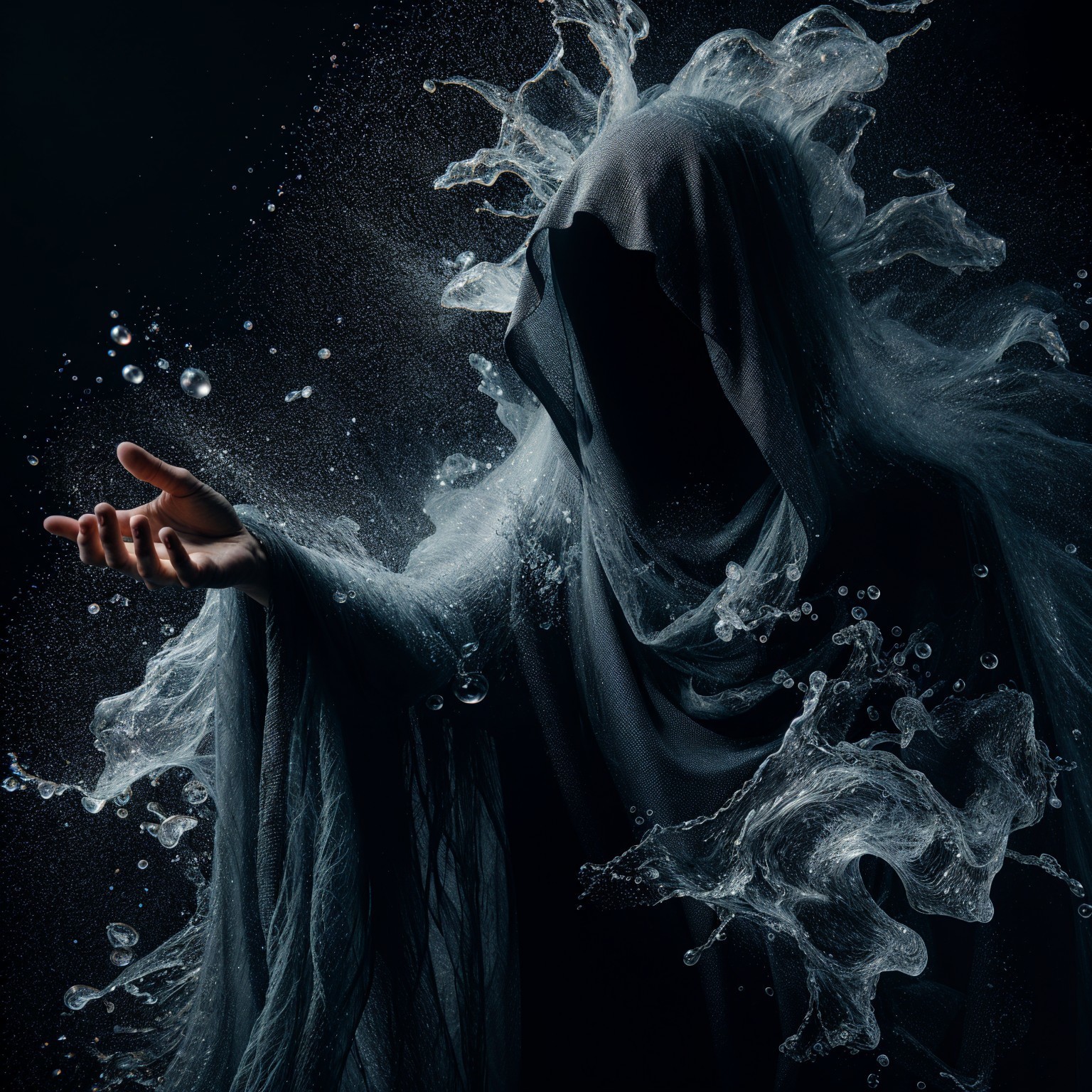 Mysterious Figure in Dark Fabric with Water Splashes