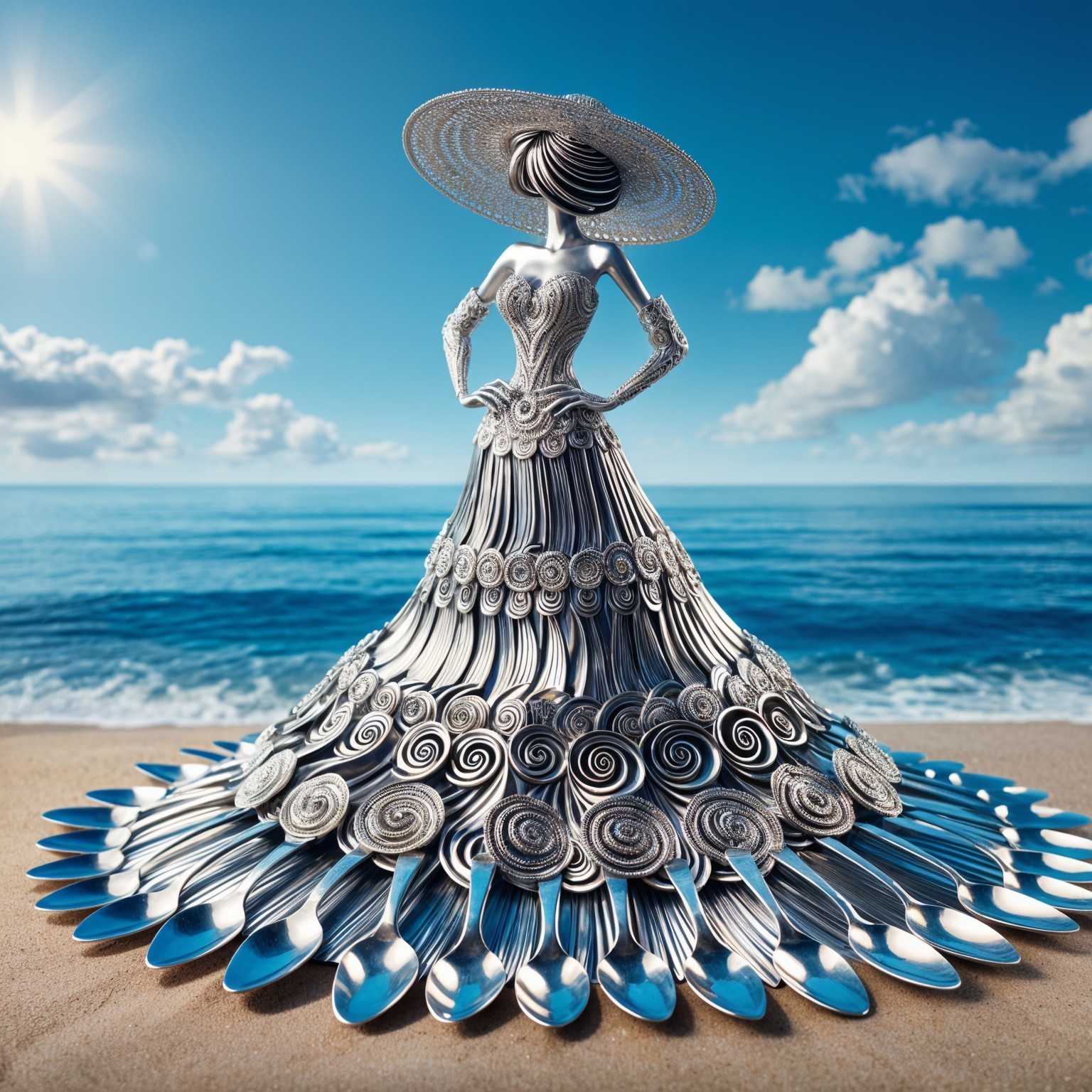 Sculpture of a Woman in Spoon Dress at the Beach