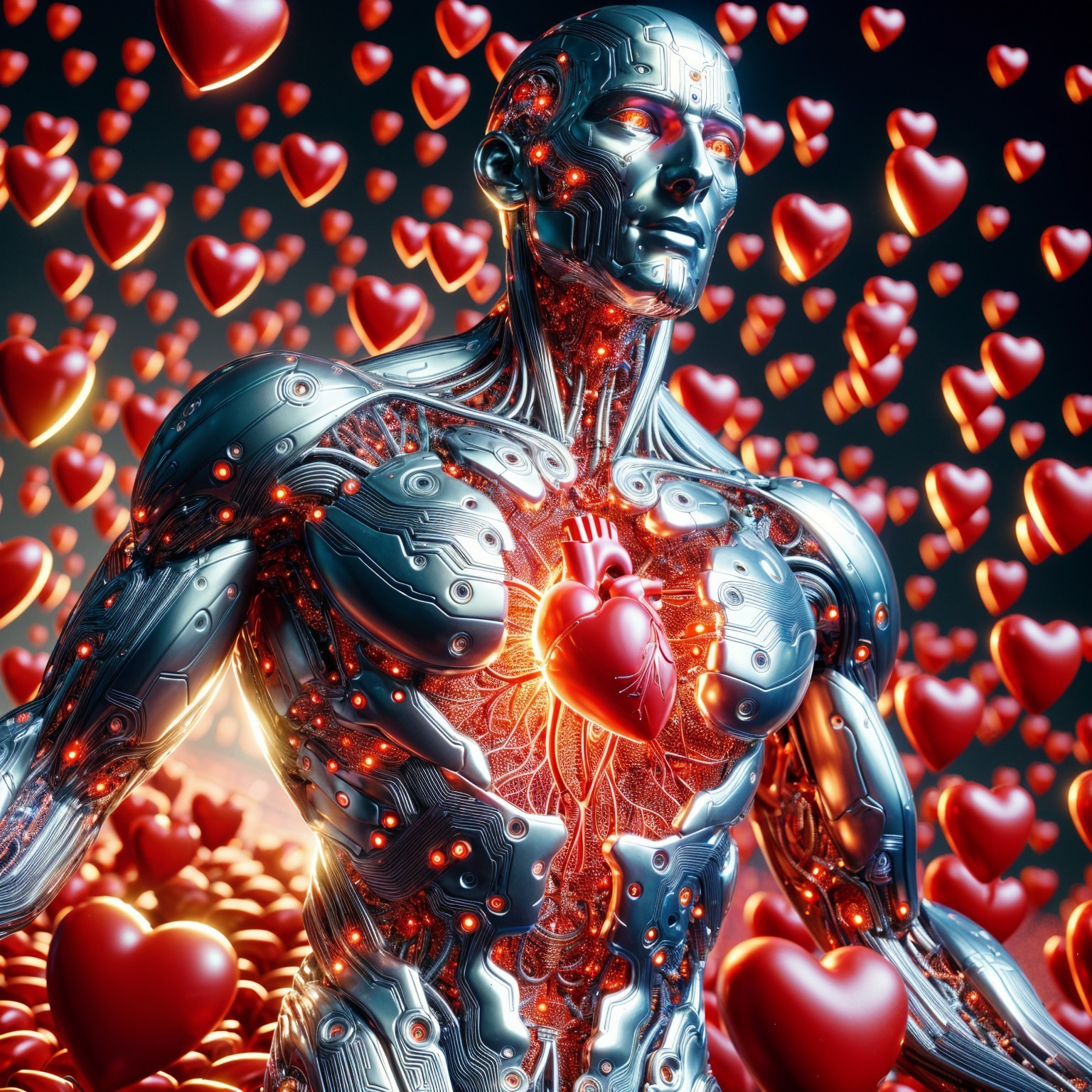 Futuristic humanoid figure with glowing hearts backdrop