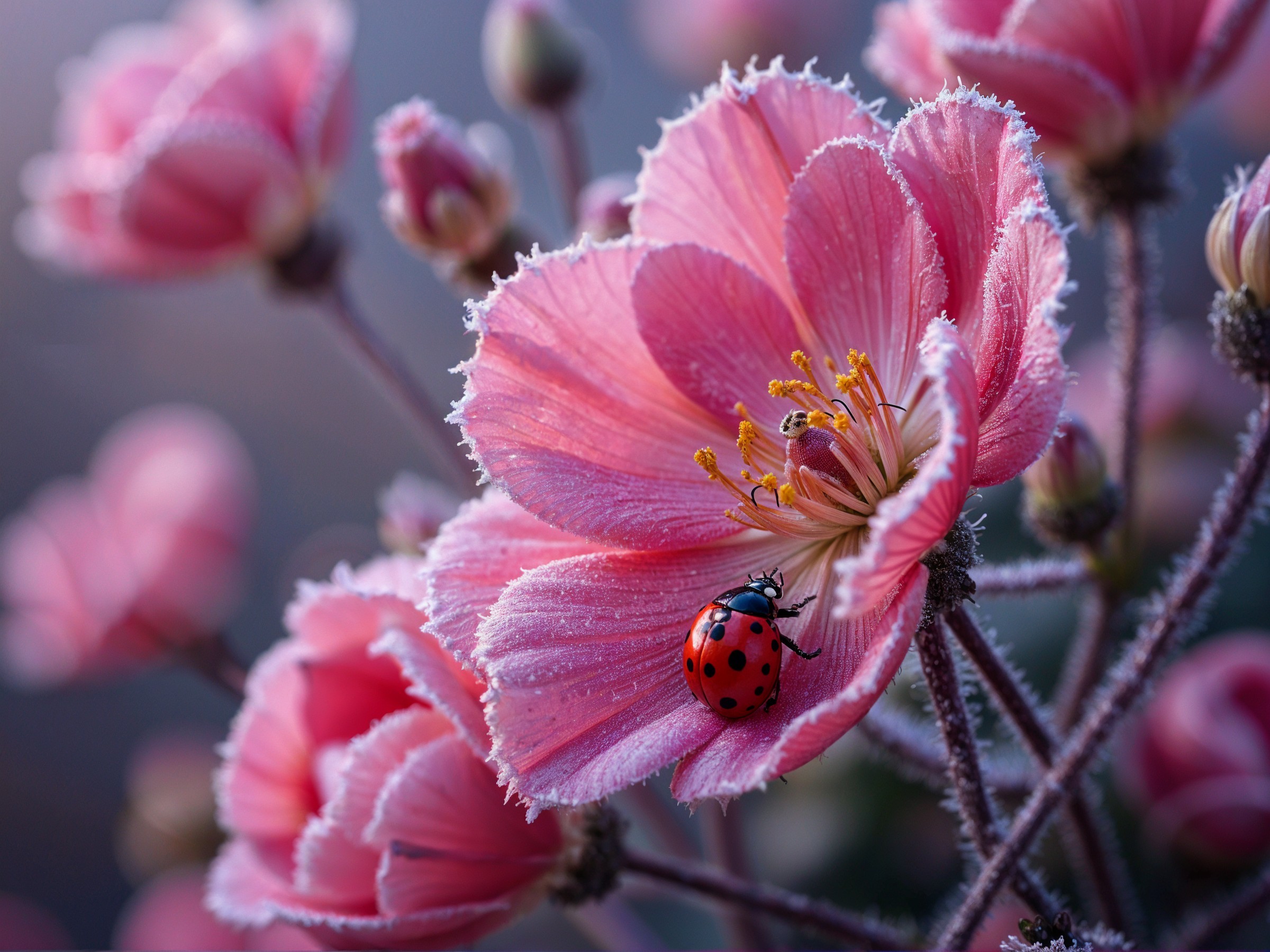Close-up of Frosted Pink Flowers with Ladybug