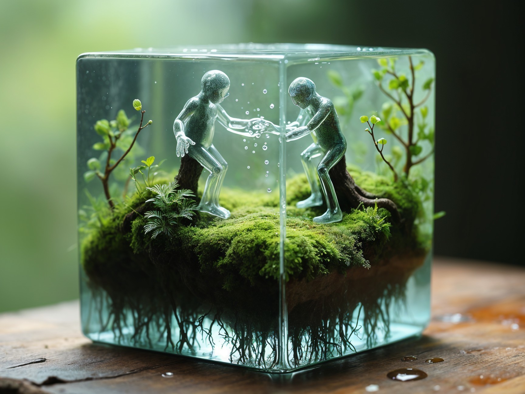 Translucent Cube with Miniature Glass Scene of Connection